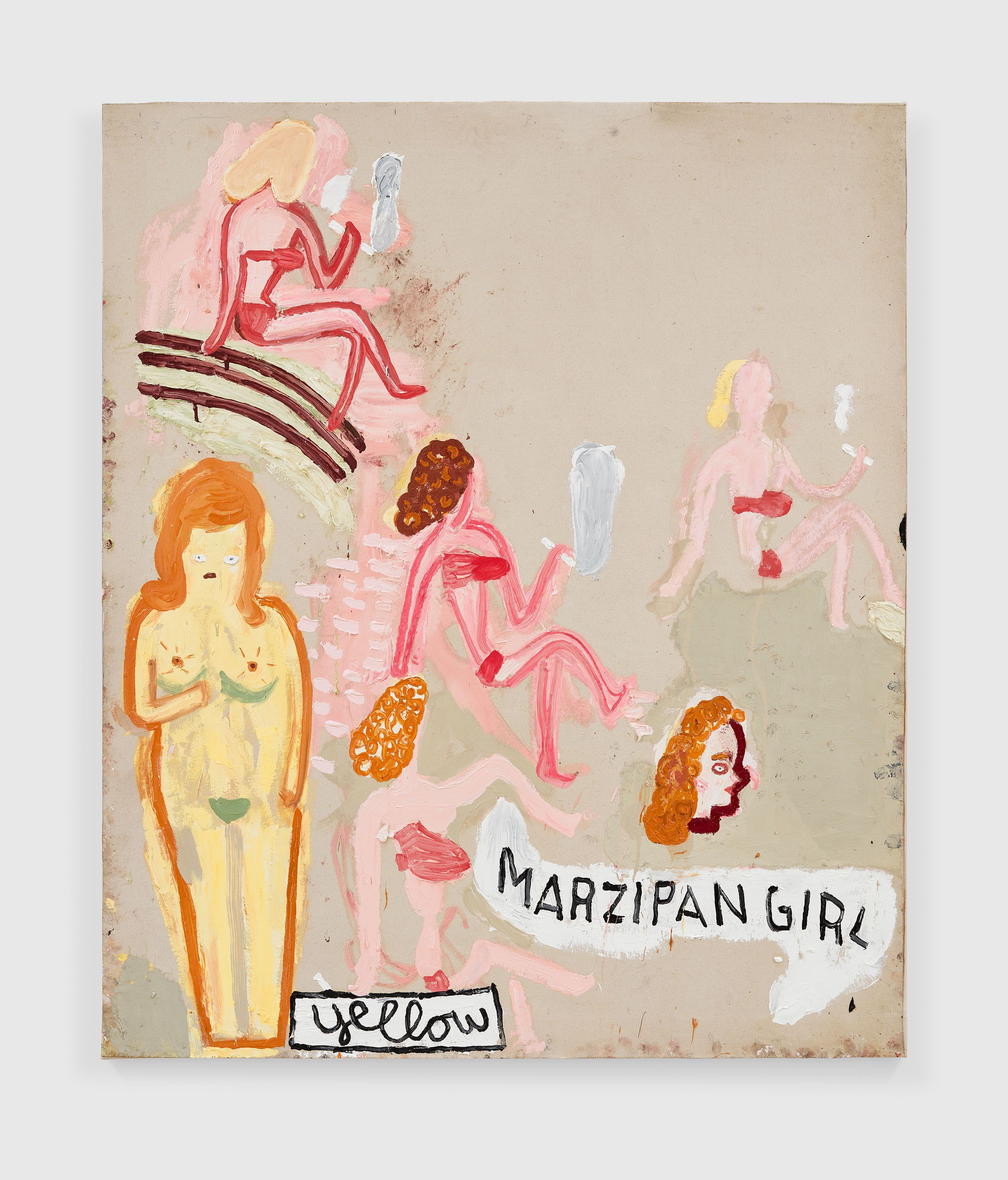 A painting by Rose Wylie, titled Yellow Marzipan Girl, dated 2022.