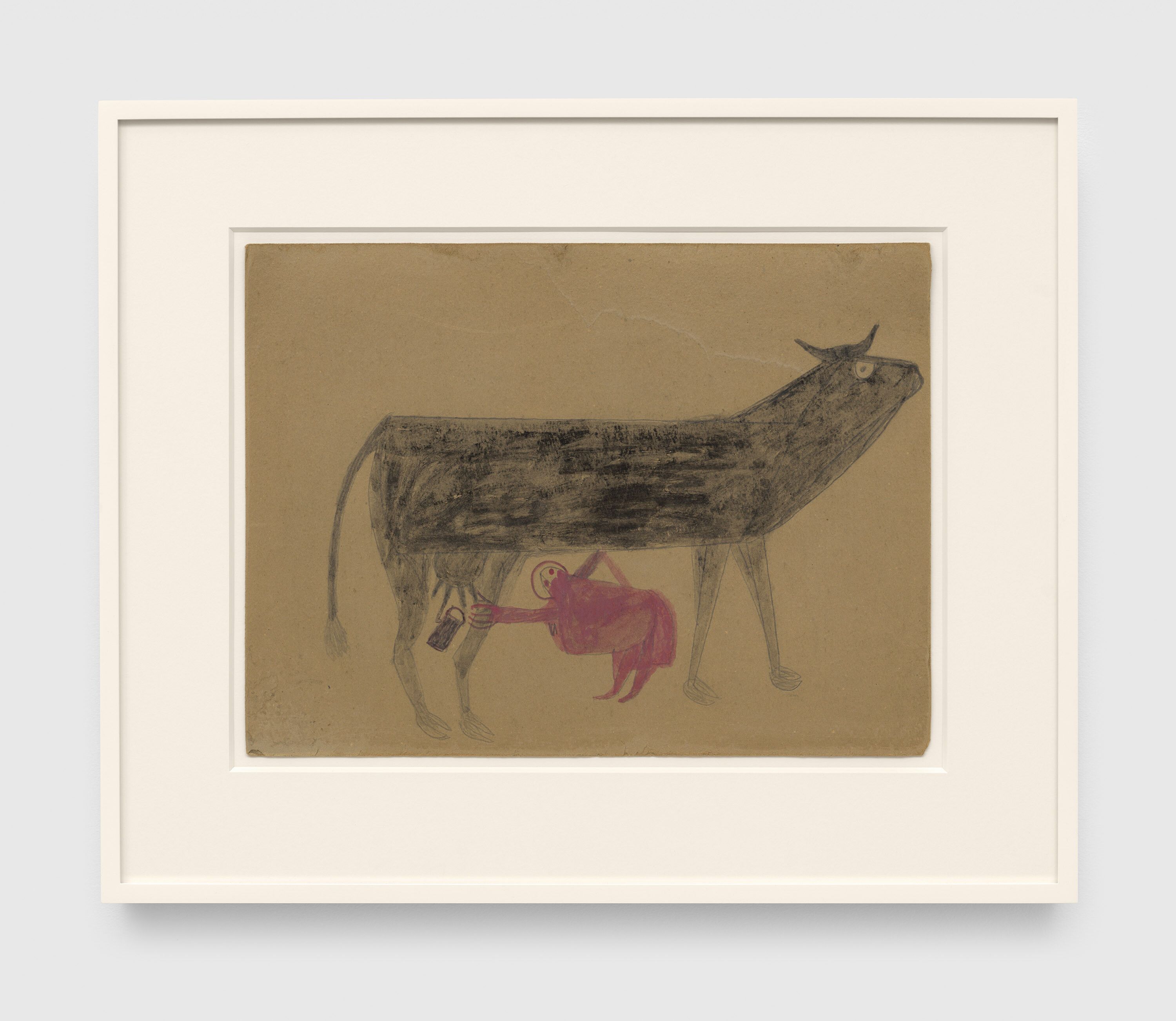 A drawing by Bill Traylor, titled Woman Milking Cow, 1939 to 1942.