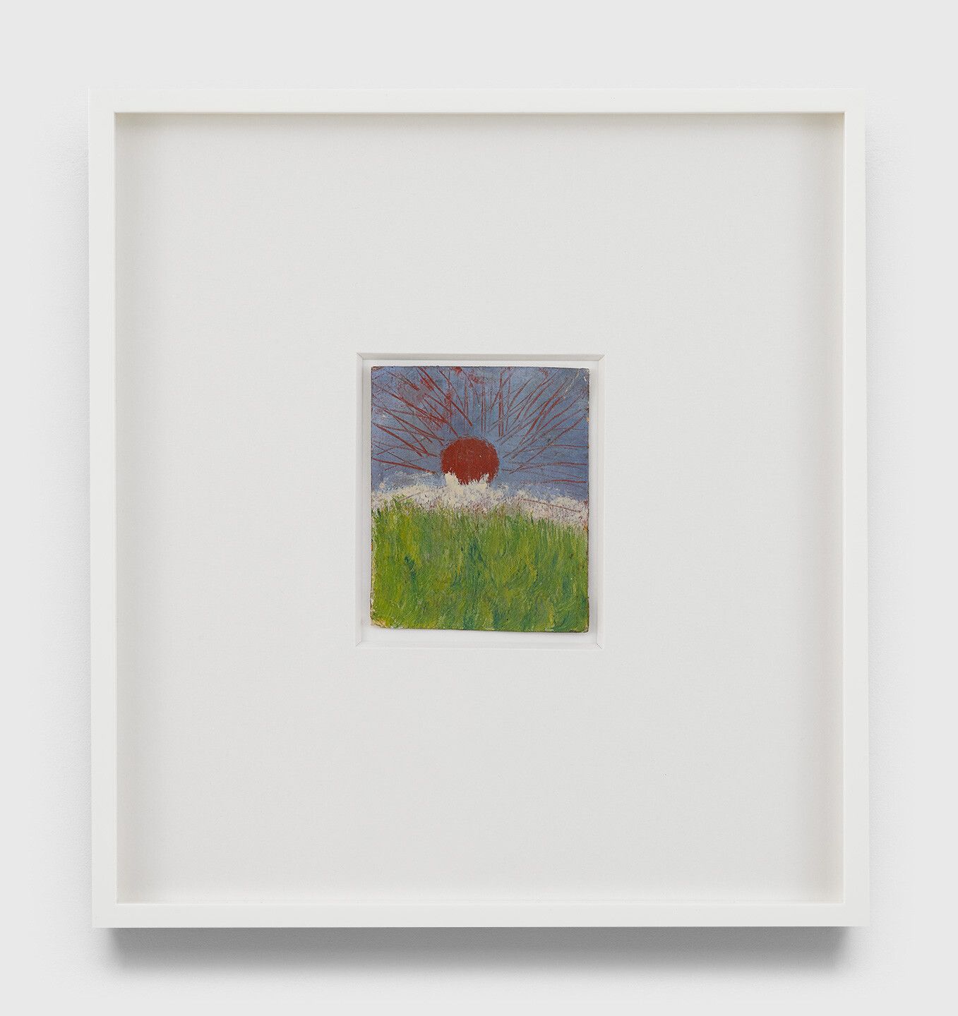 An undated oil painting on Polaroid film cartridge box by Frank Walter, titled Untitled (Terra-cotta sunrise, green meadow).