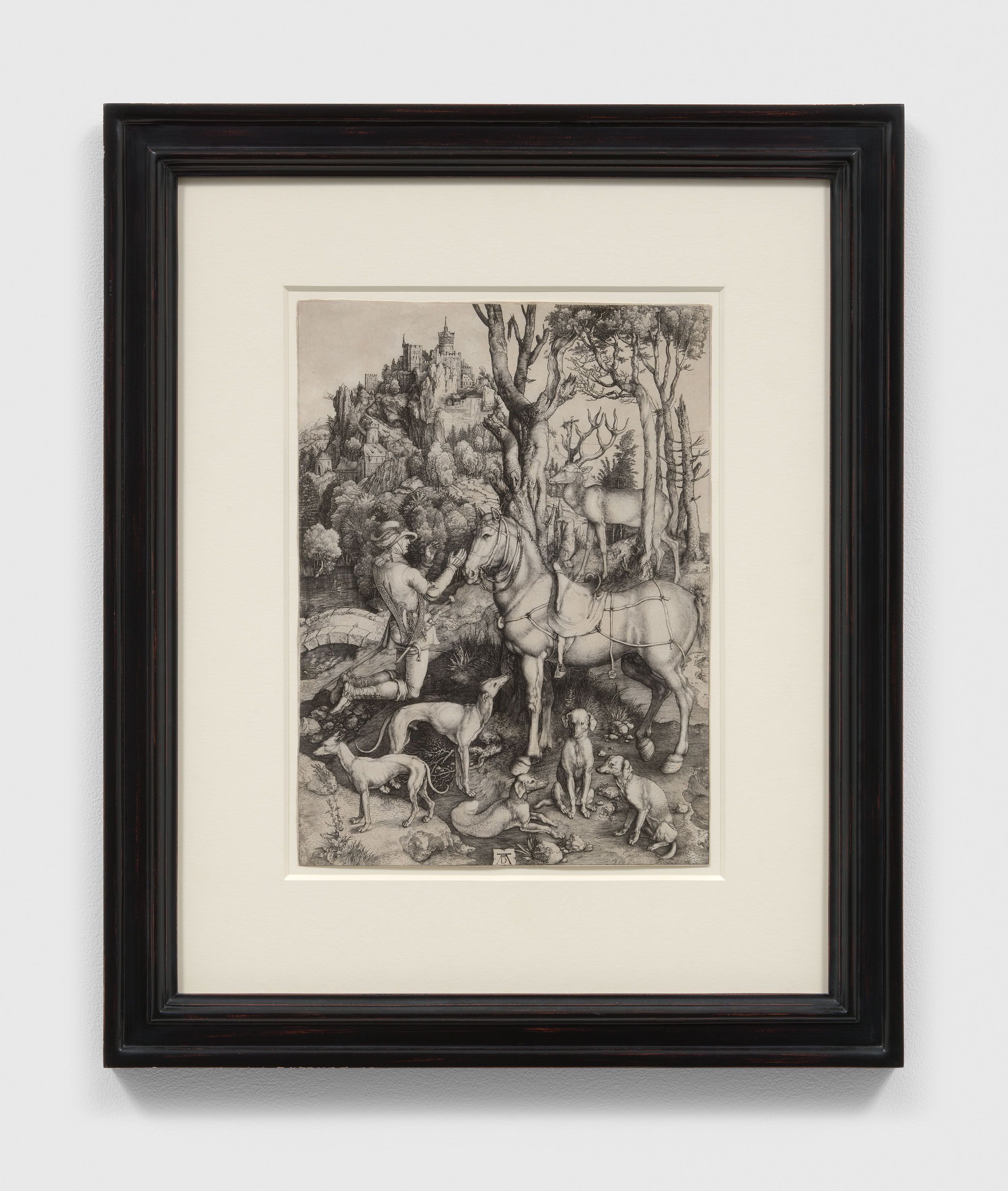 An engraving on paper artwork by Albrecht Dürer, titled St. Eustace, circa 1501.