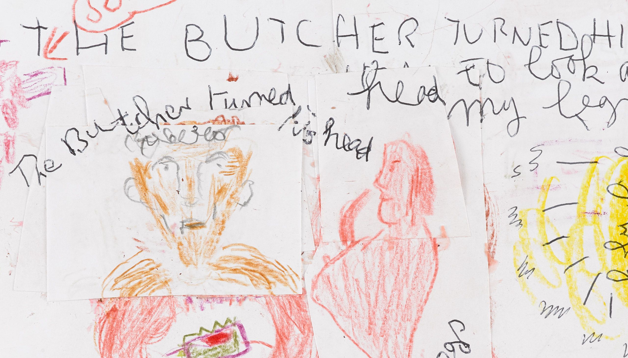 A detail from a drawing by Rose Wylie, titled Pig and Sausages, dated 2020.