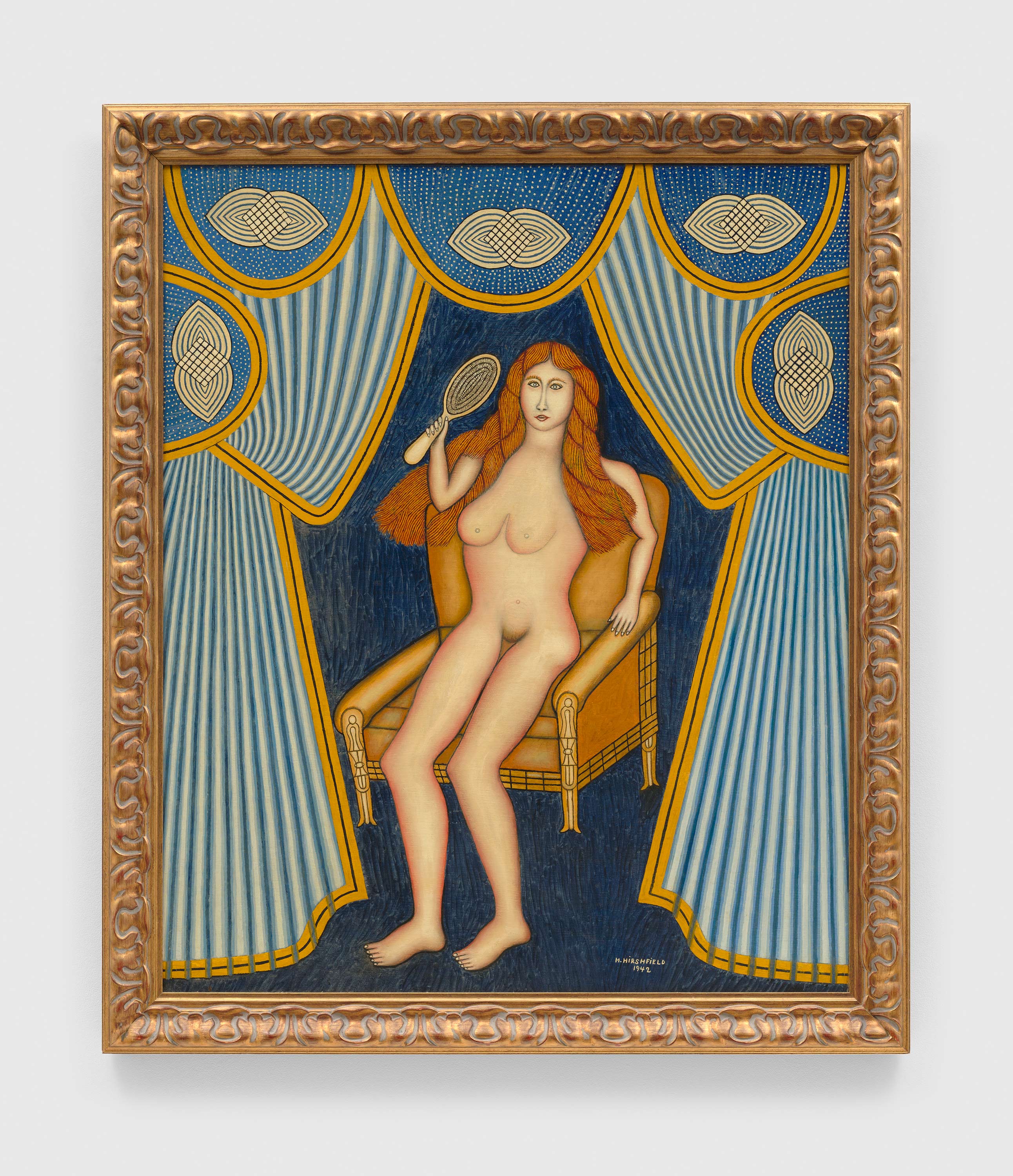 An oil on canvas artwork by Morris Hirshfield, titled American Beauty, dated 1942.