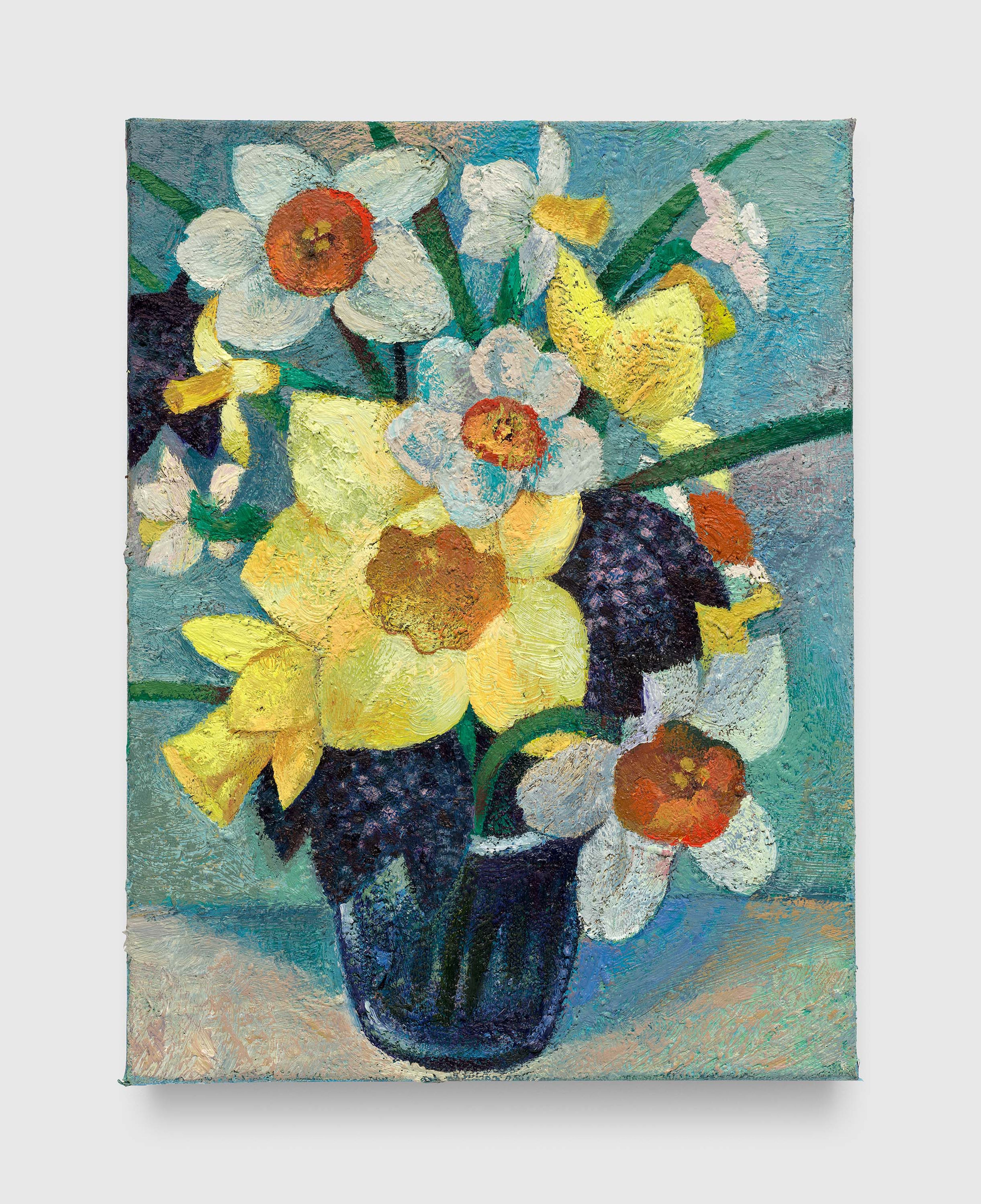 A painting by Louis Fratino, titled Narcissi and fritillaries, dated 2025.