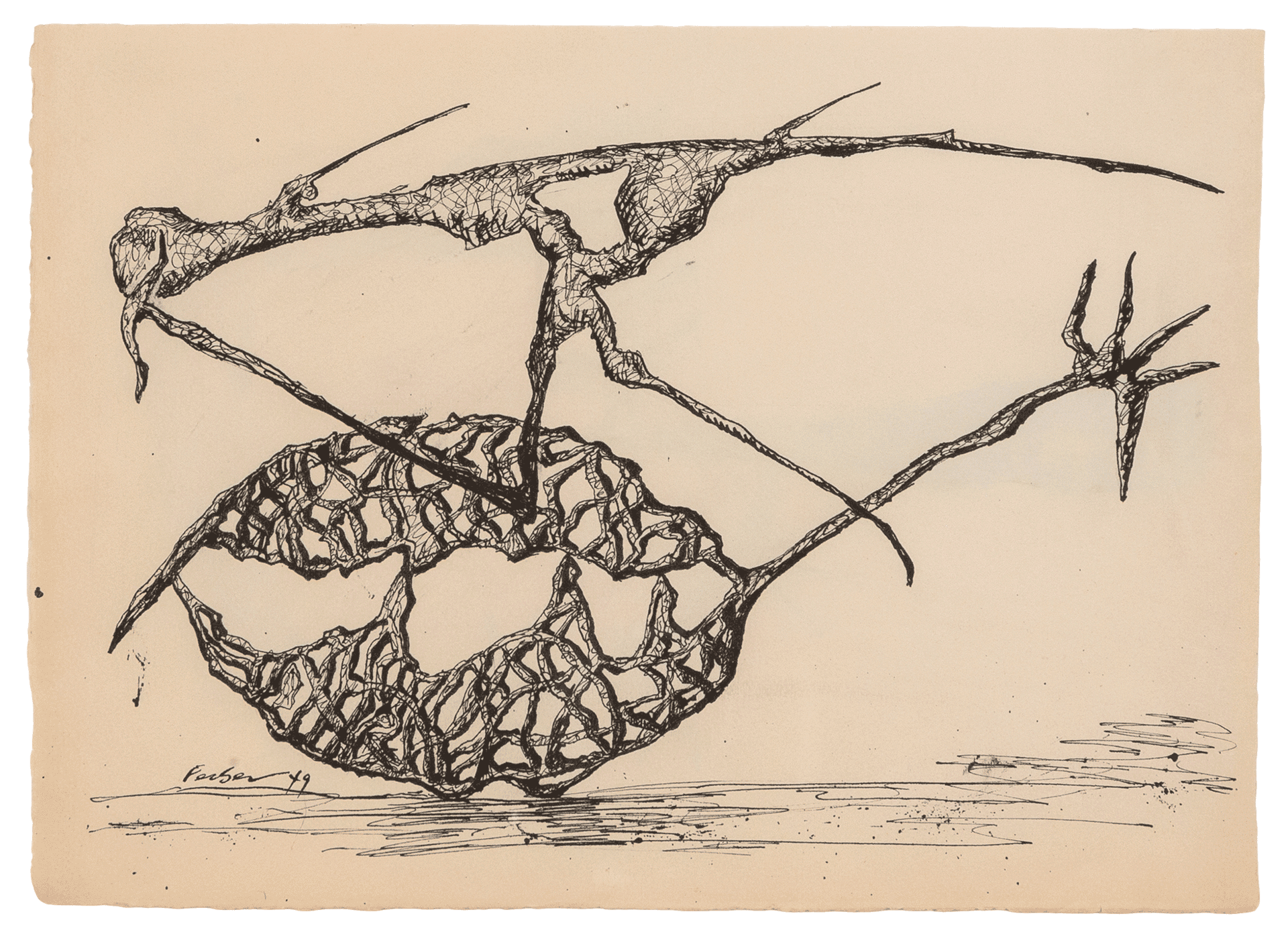 An untitled drawing by Herbert Ferber, dated 1949.