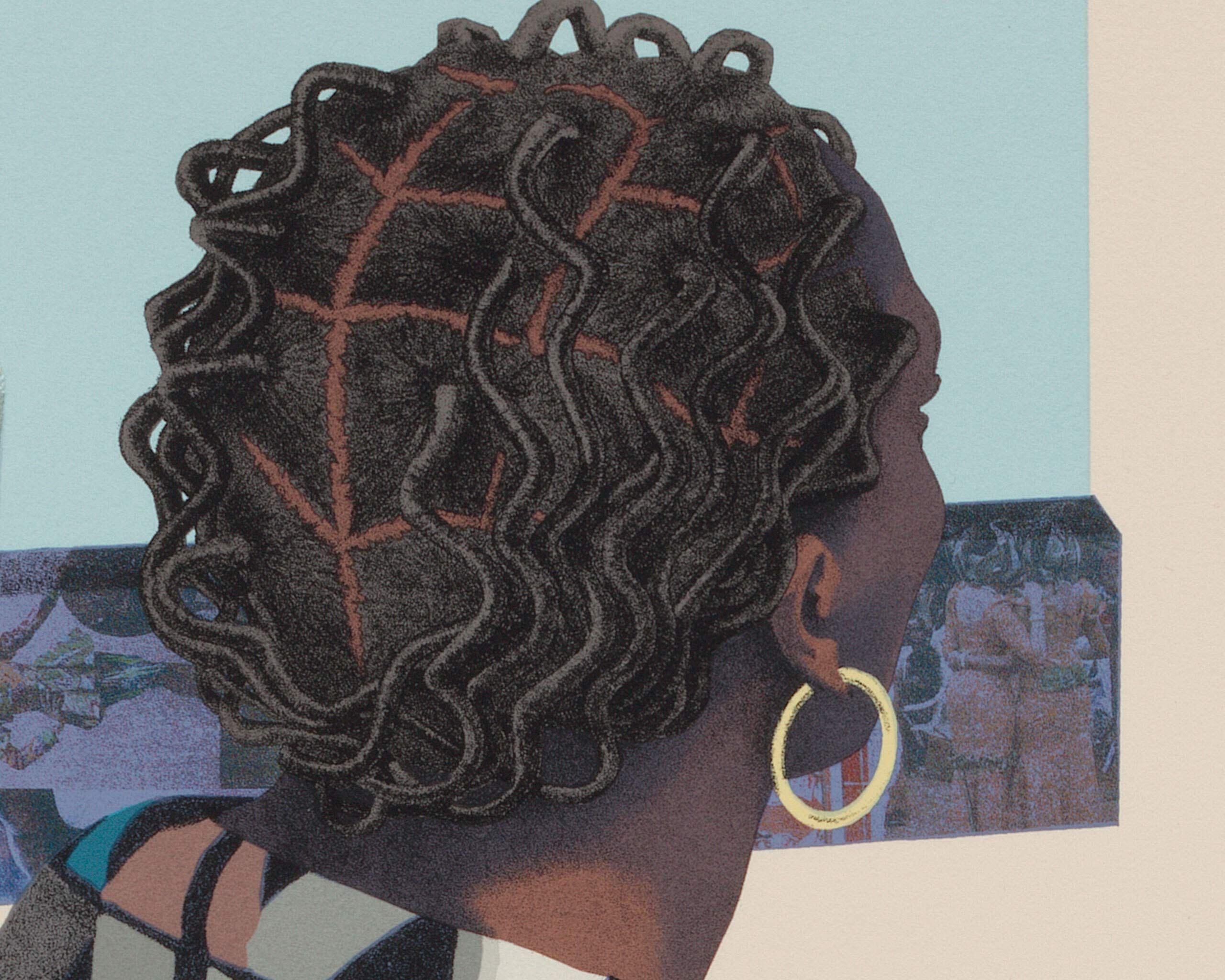 A detail of Njideka Akunyili Crosby "The Beautyful Ones" May Have Arrived, dated 2023