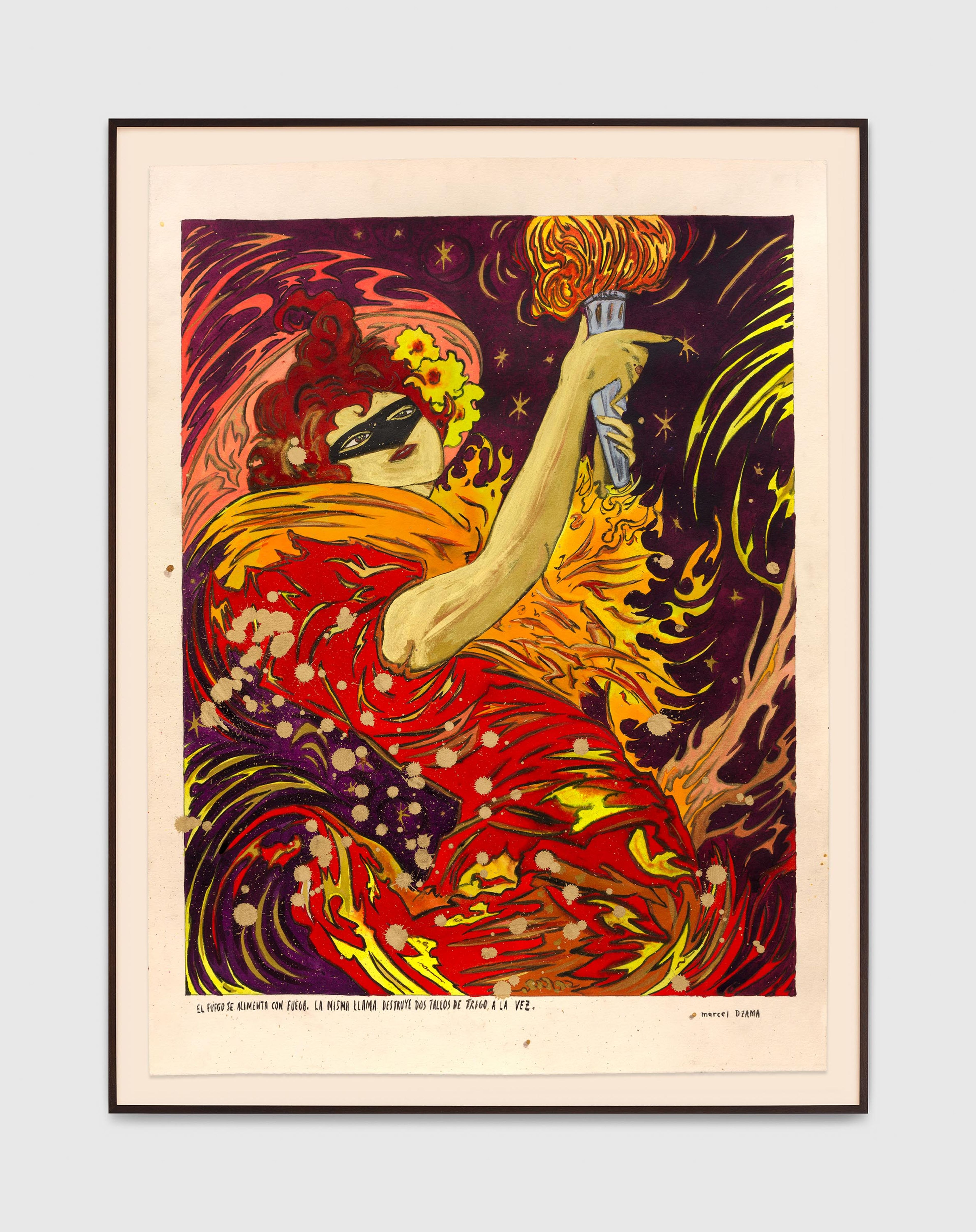 A work on paper by Marcel Dzama, titled Fire is fed by fire, dated 2024.