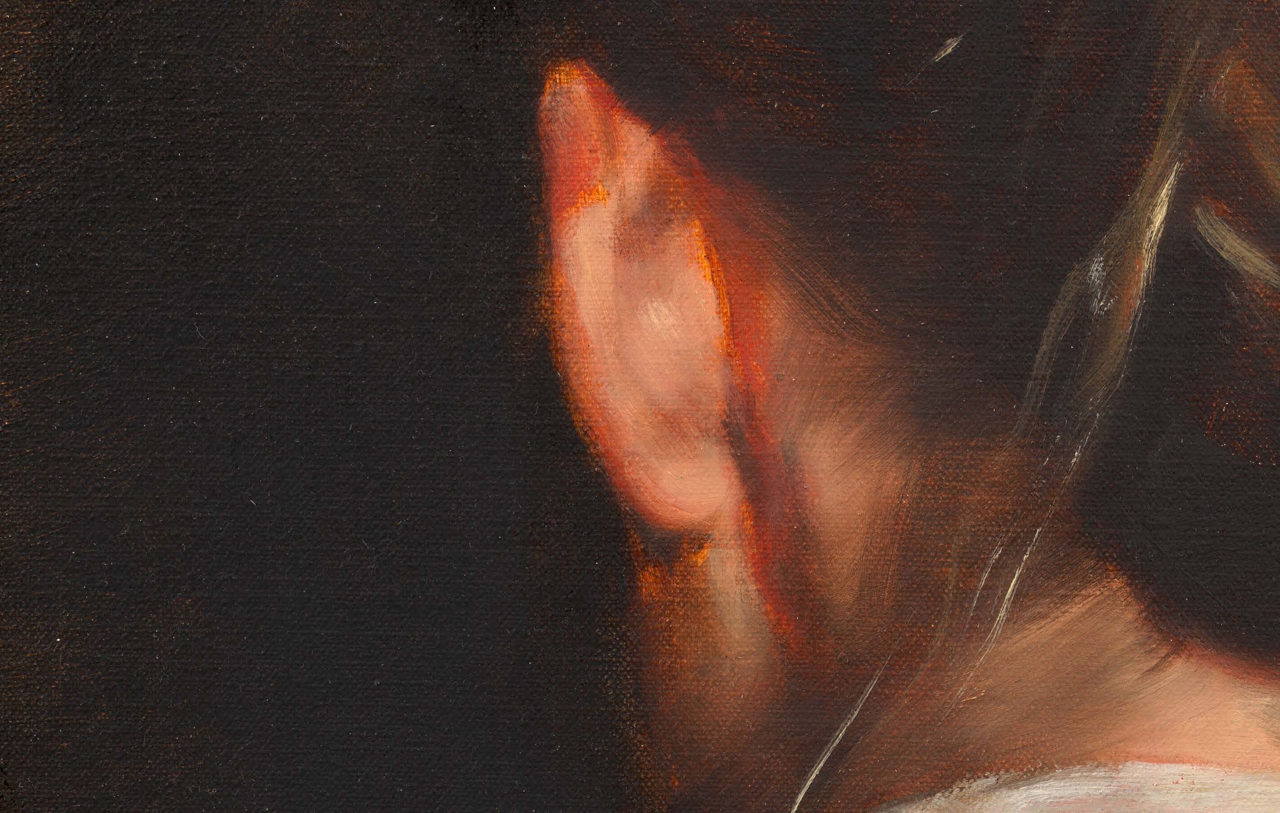 A detail of a painting by Michaël Borremans, titled "The Ear (II)," dated 2011