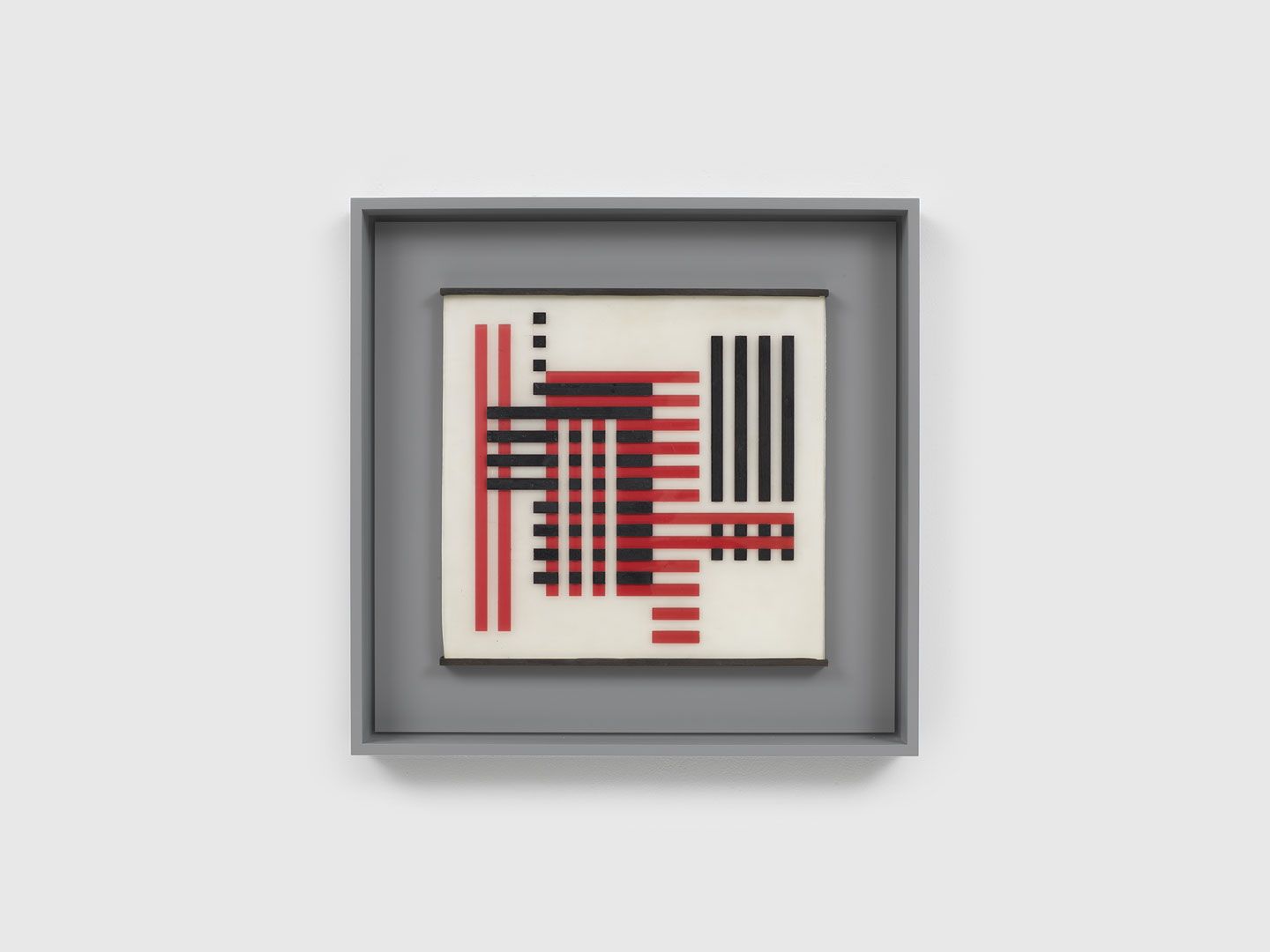 A sandblasted transparent flashed glass work with black paint by Josef Albers, titled Gebündelt (Bundled), dated 1925.