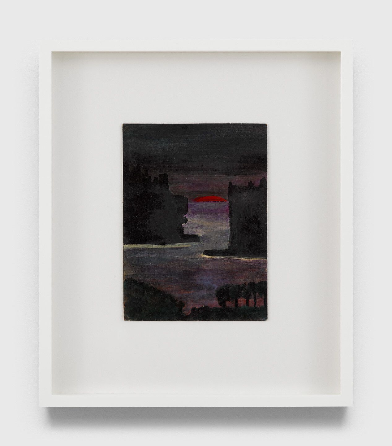 An undated oil painting on cardboard by Frank Walter, titled Untitled (Nocturne with red sun).
