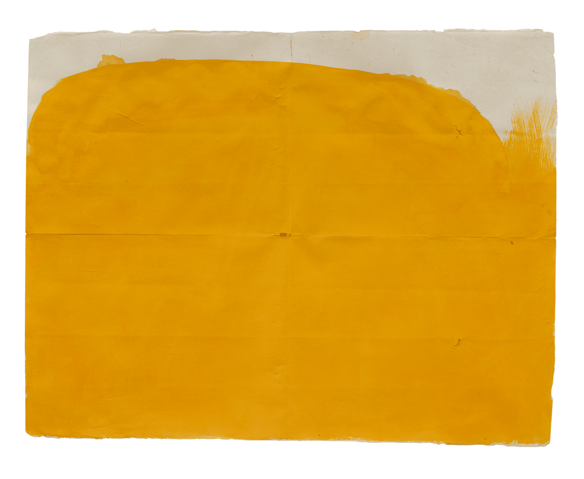 A painting by Suzan Frecon, titled yellow-orange on more conventional format with 3 holes, dated 2012.