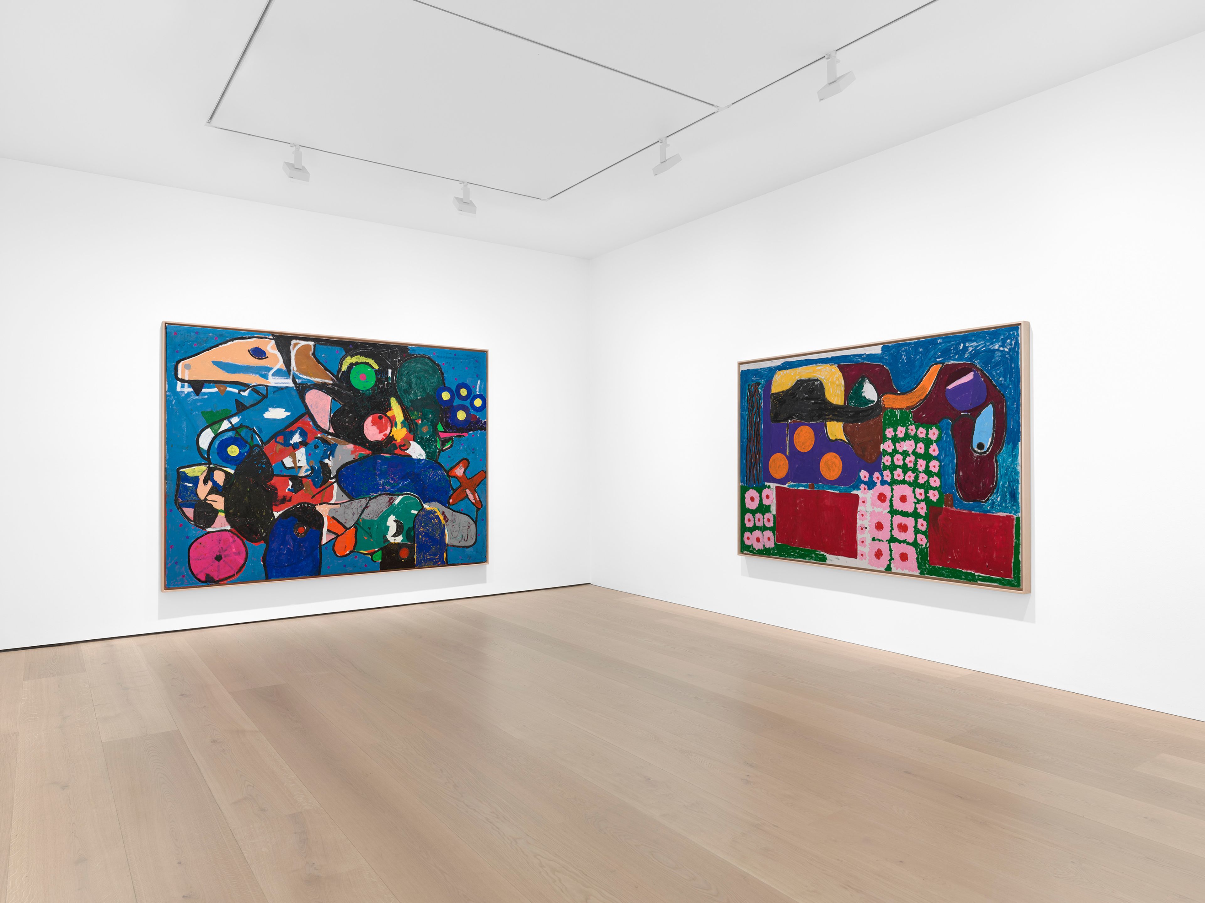 An installation view of the exhibition, Joe Bradley: Animal Family, at David Zwirner in London, dated 2025.
