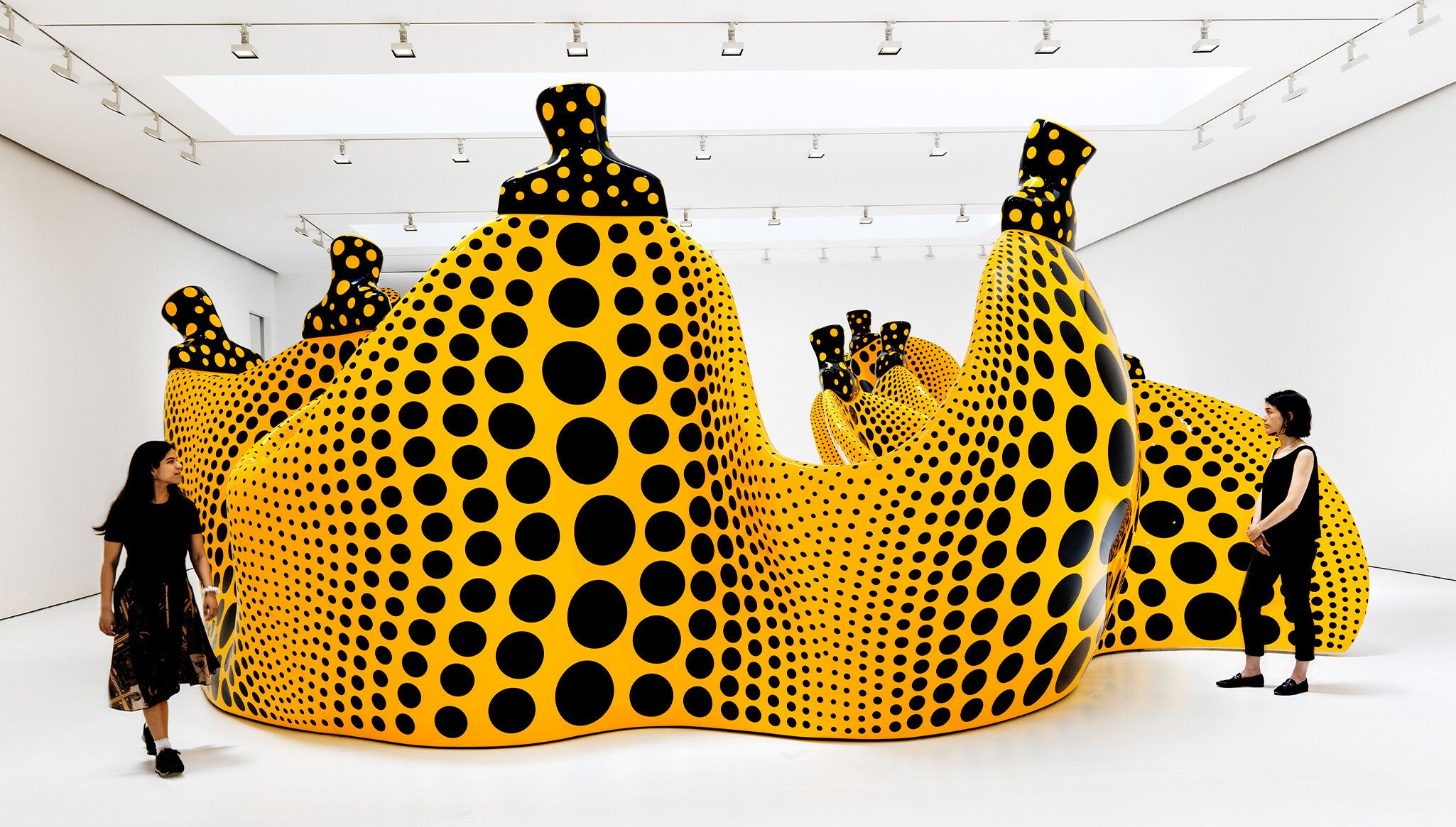 An installation view of the exhibition titled Yayoi Kusama, I Spend Each Day Embracing Flowers, dated 2023