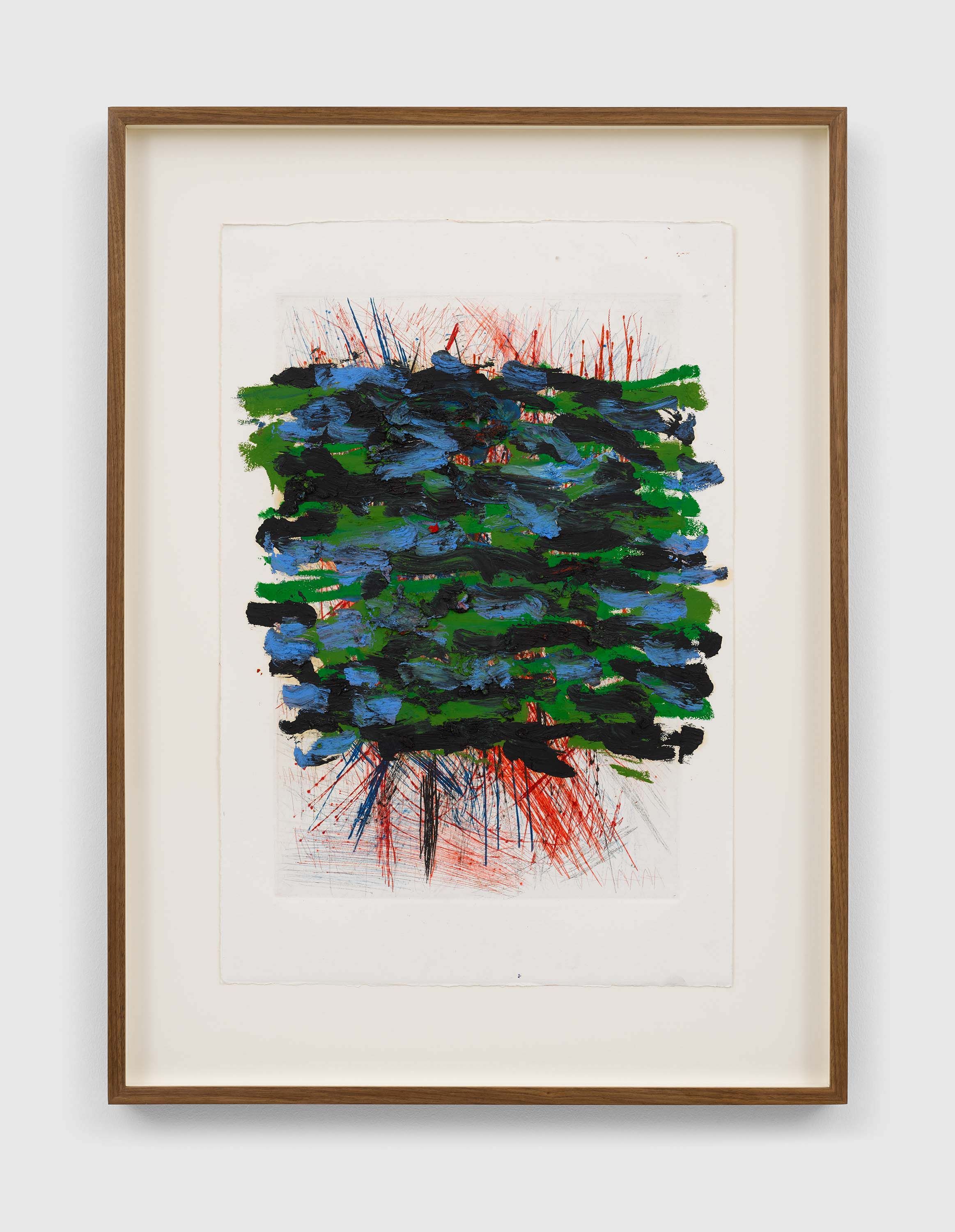An intaglio print, graphite, ink, marker pen, crayon and oil on paper artwork by Oscar Murillo, titled surge (poetics of flight), dated 2021.