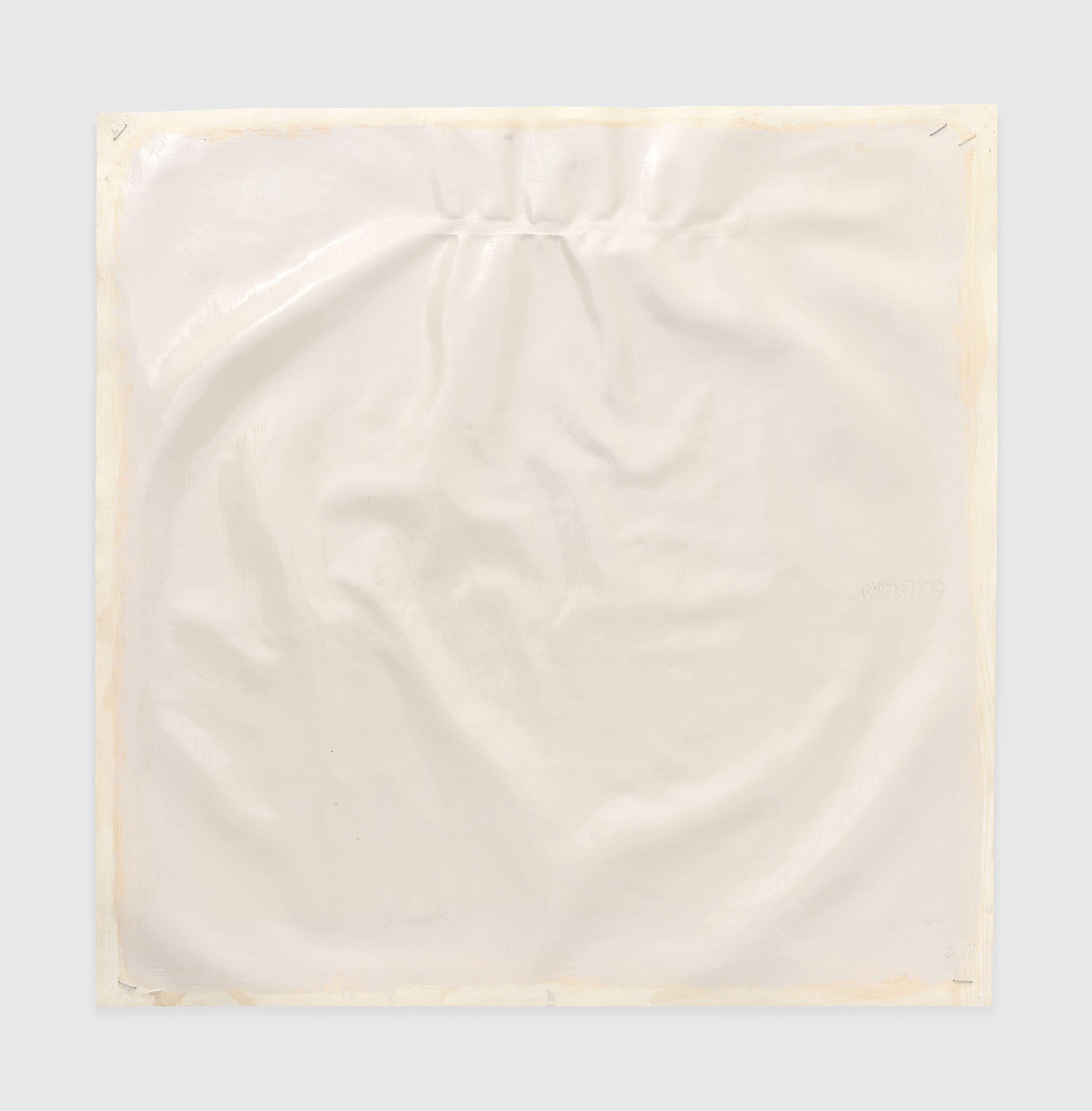 A painting by Robert Ryman, titled Large-small, thick-thin, light reflecting, light absorbing, 13, dated 2009.