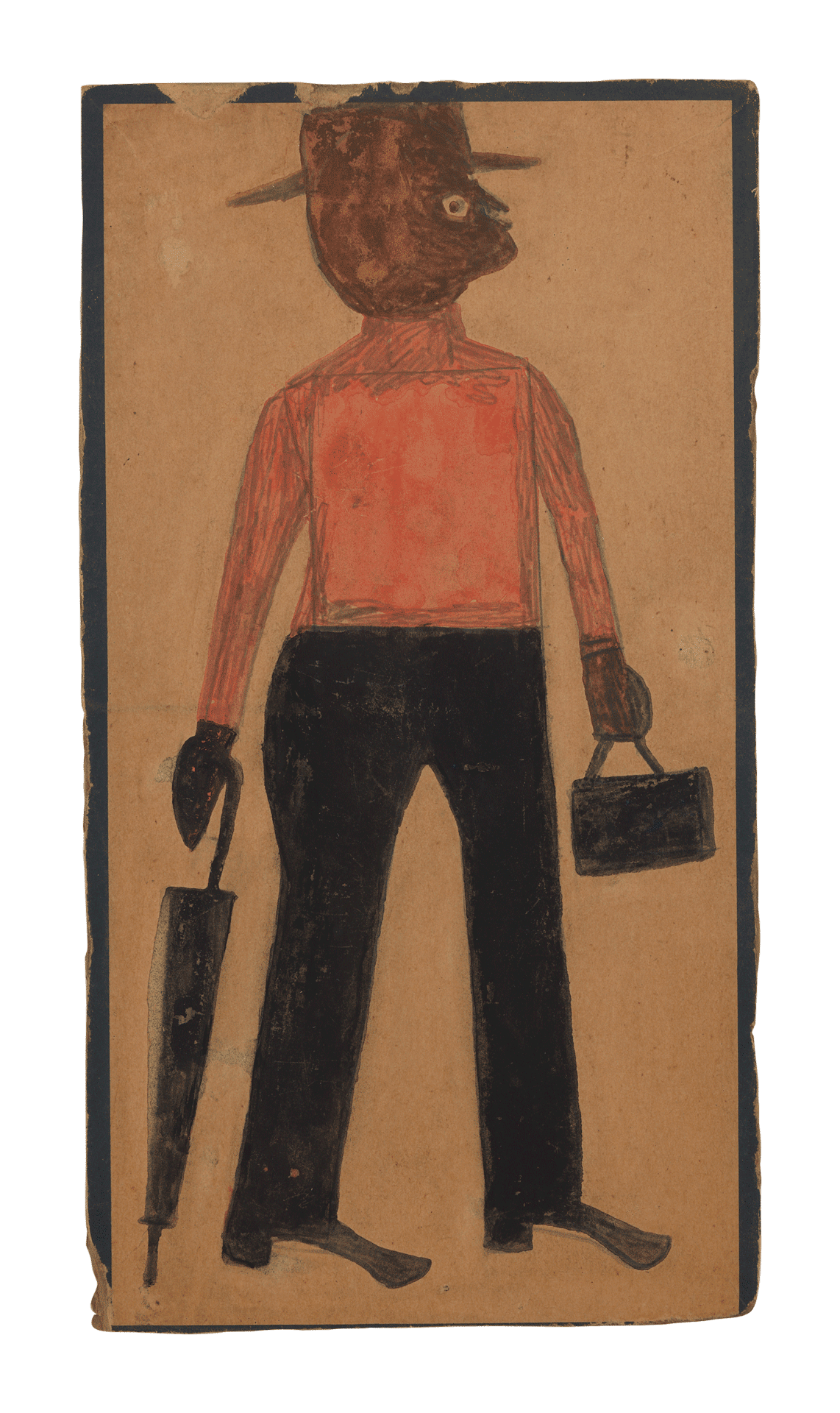 A mixed media work on cardboard by Bill Traylor, titled Man in Red Shirt with Hat, Umbrella, and Lunchbox, 1939 to 1942.