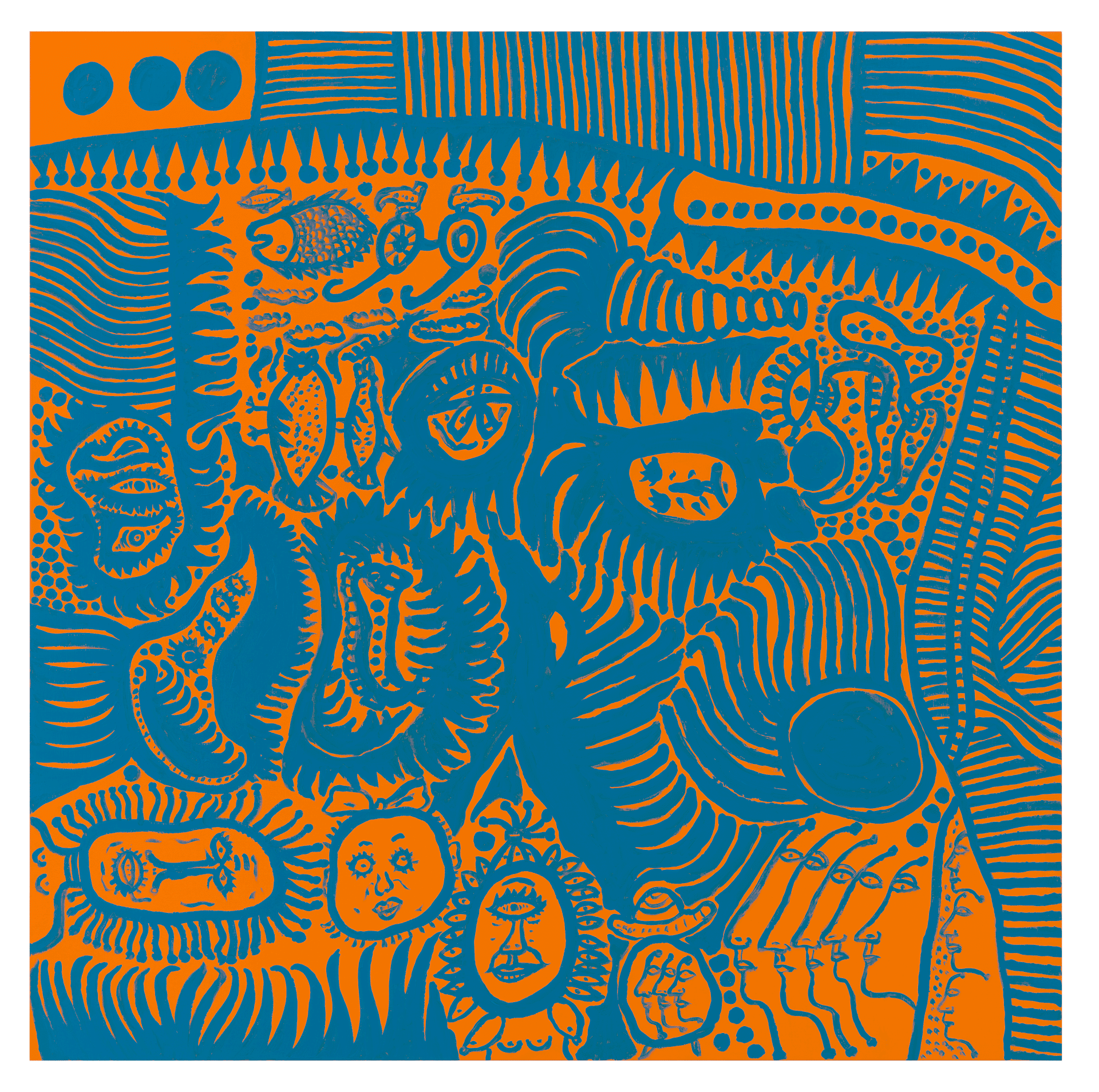 A painting by Yayoi Kusama, titled Traveling to the Far Corner of the Earth, dated 2012.