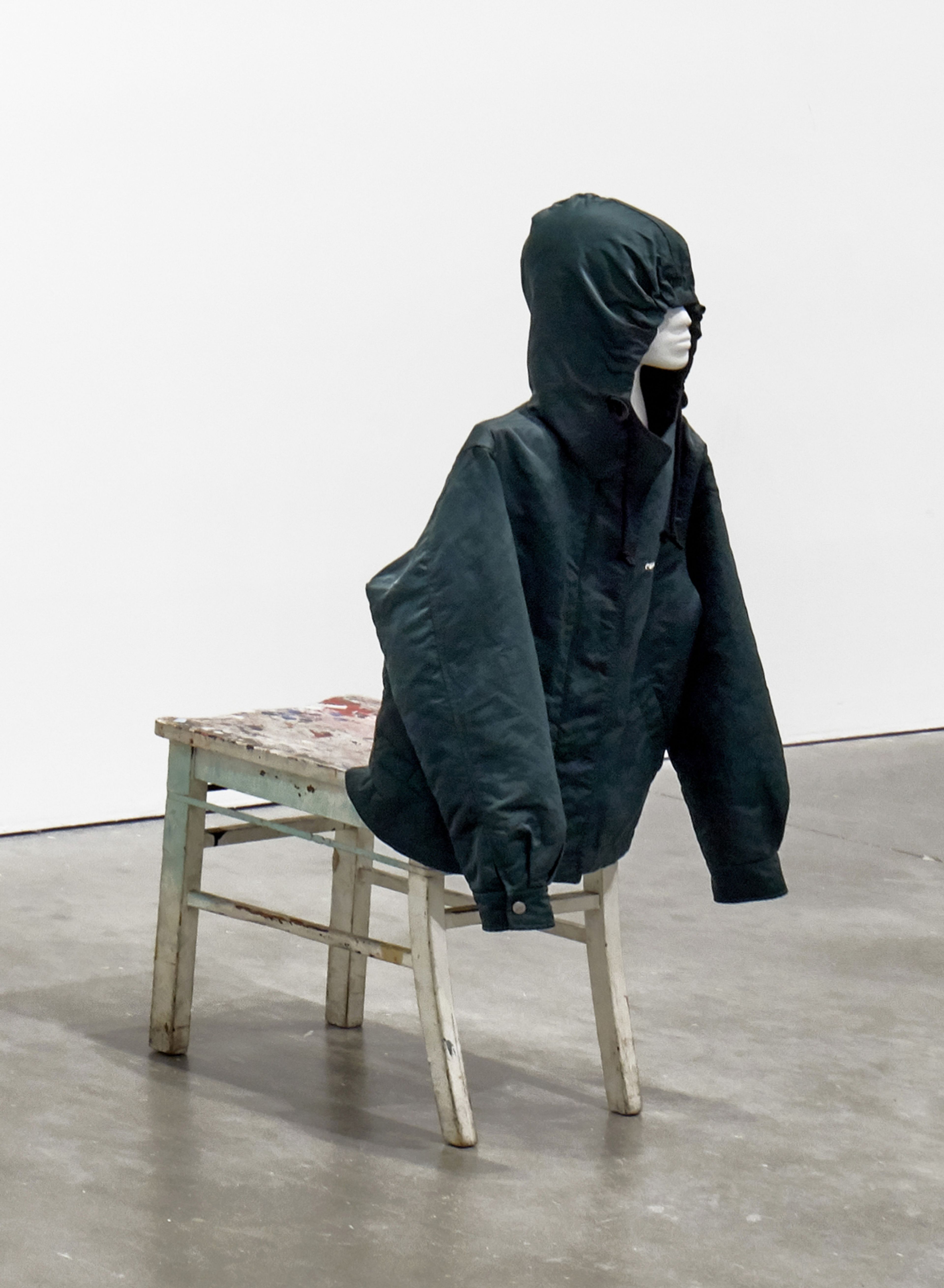 A wood, styrofoam, and jacket artwork by Huma Bhabha, titled Centaur, dated 2000.