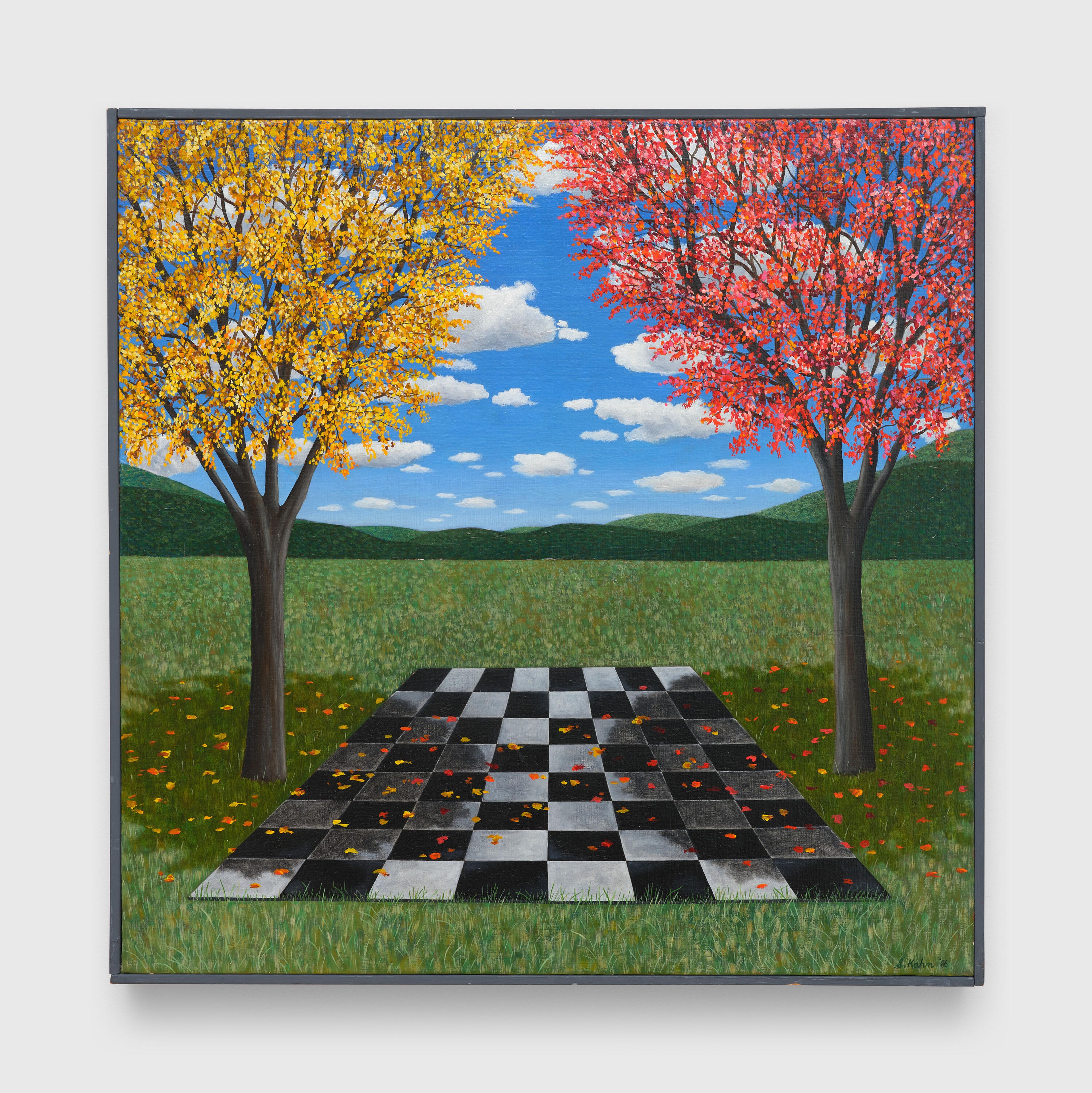 A painting by Scott Kahn, titled Landscape with Tile Floor, dated 1986.