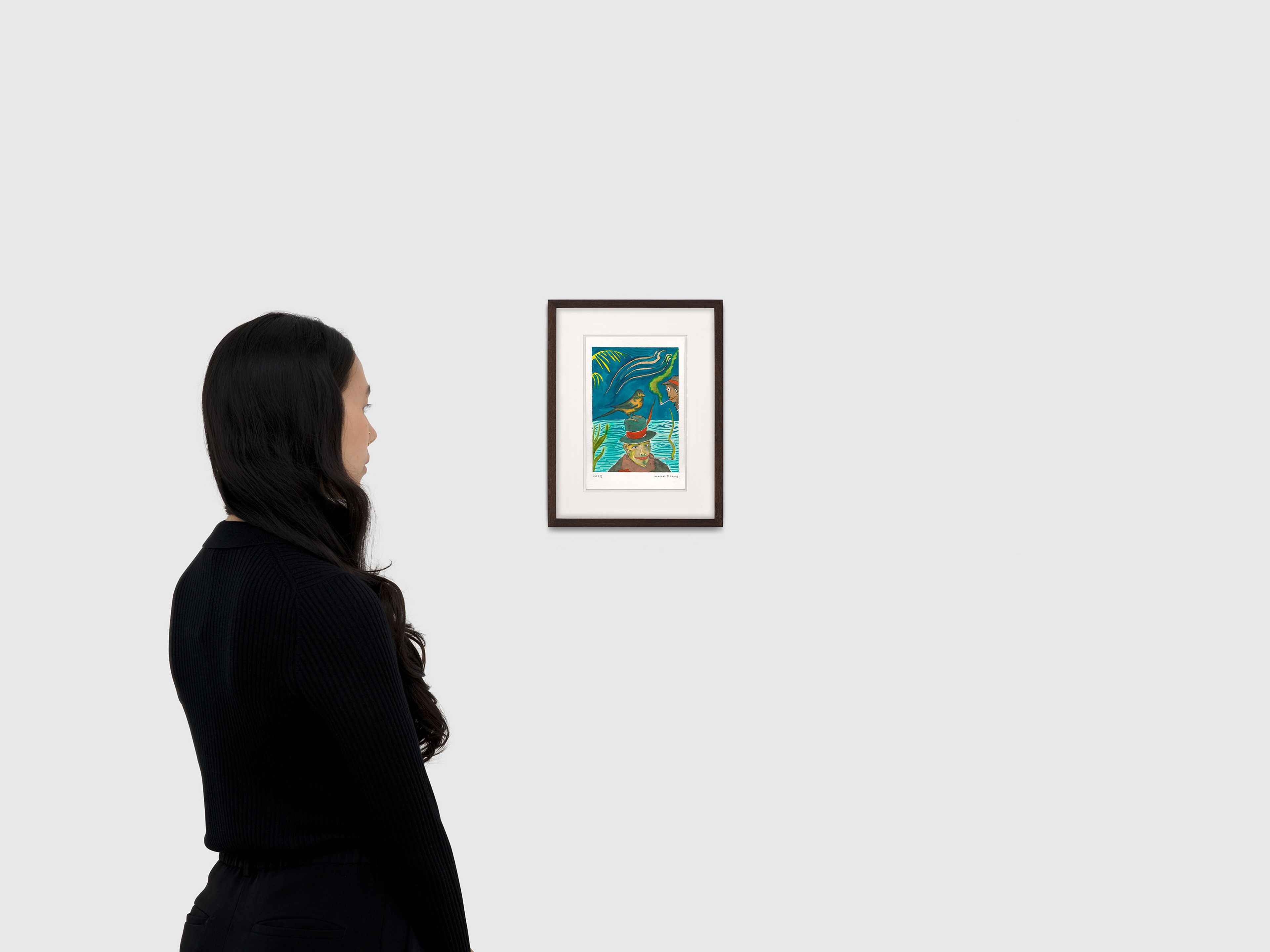 A work on paper by Marcel Dzama, titled Like a bird on your hat, dated 2025.