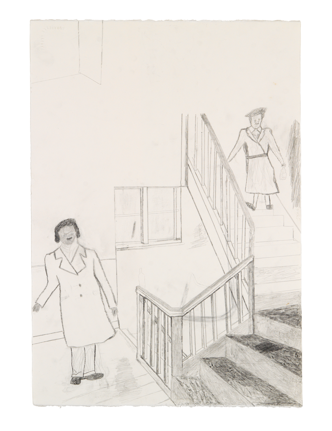 A drawing by Jockum Nordstrom, titled En gång gick jag i trappan två gånger/Once I went up the stairs twice, dated 2019.
