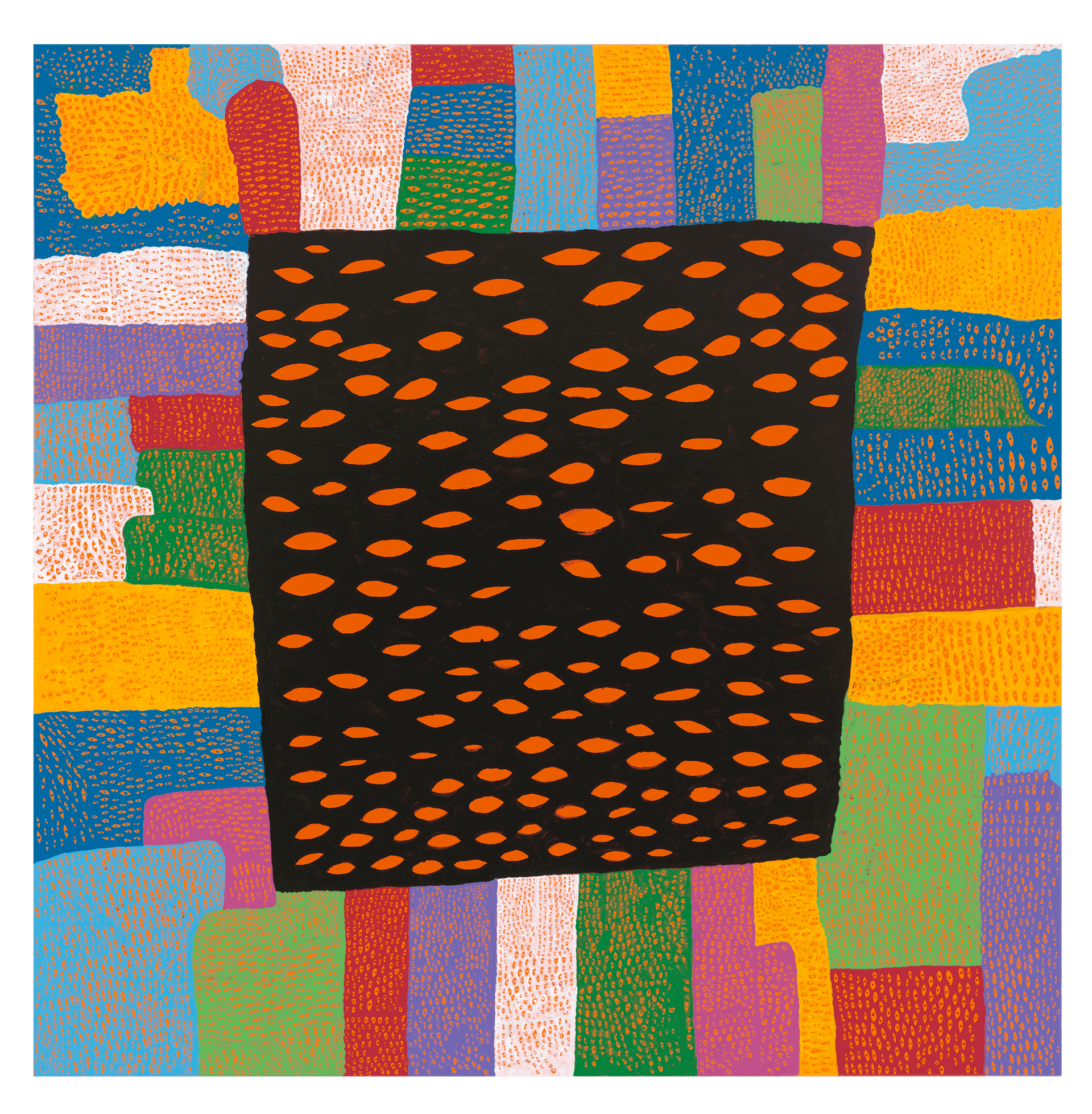 A painting by Yayoi Kusama, titled MESSAGE FROM HADES, dated 2014.