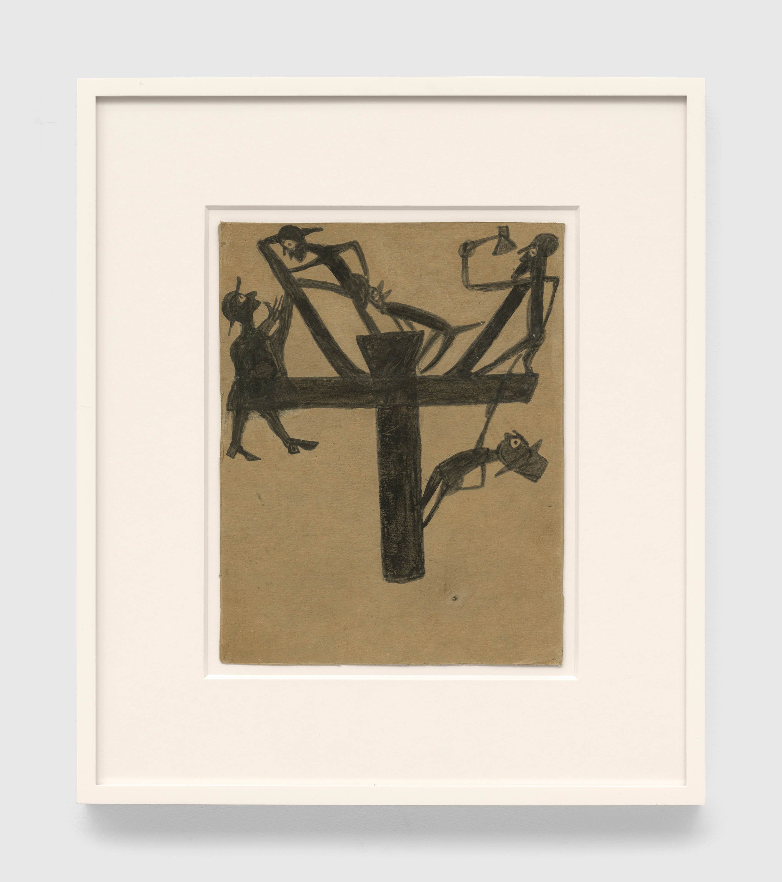 A drawing by Bill Traylor, titled Dog Bites Man on Black Construction with Figures, 1939 to 1942.