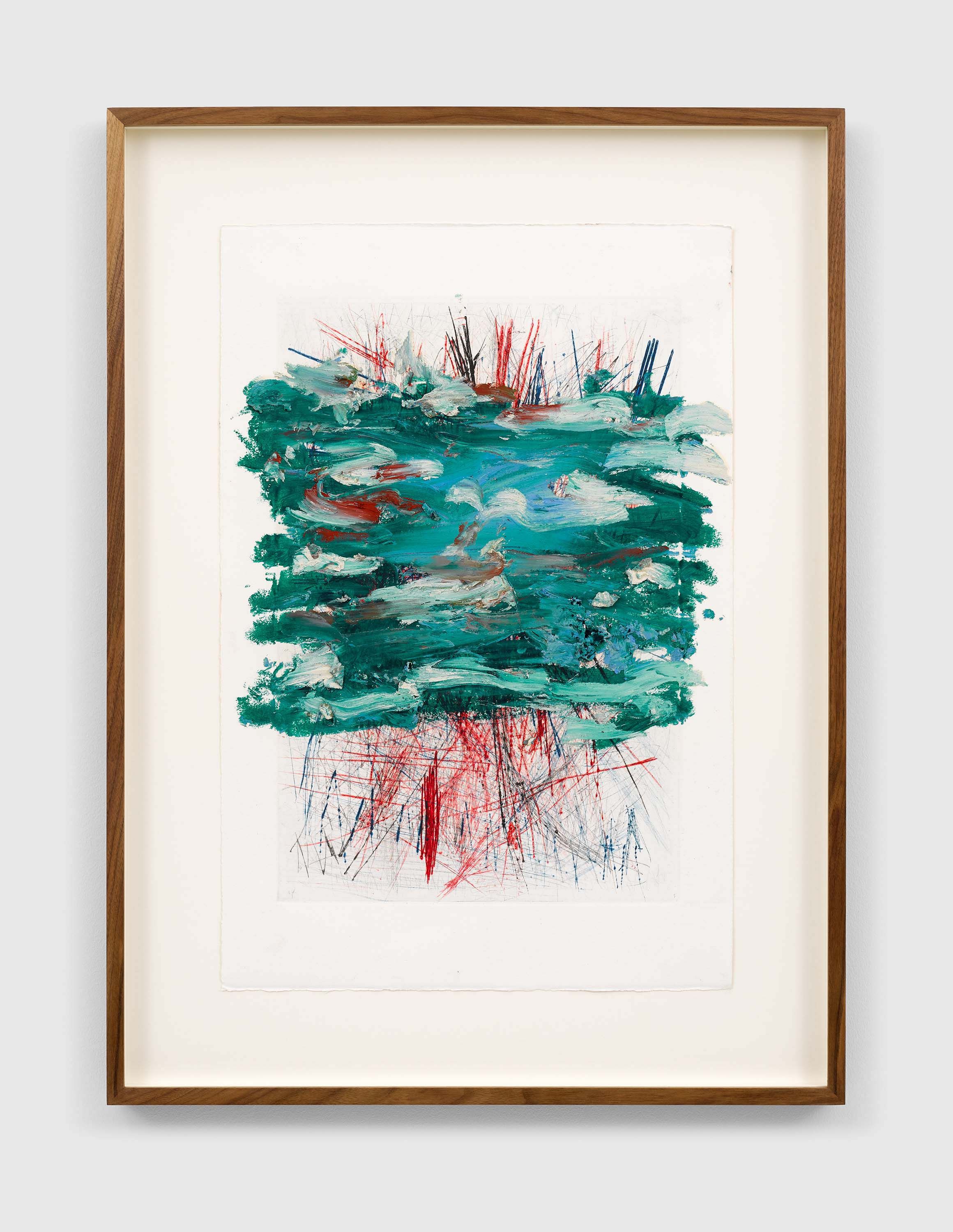 An intaglio print, graphite, ink, marker pen, crayon and oil on paper artwork by 