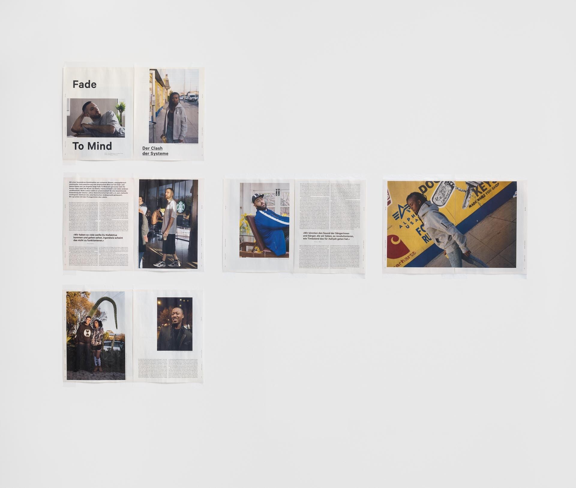 An installation by Wolfgang Tillmans, titled "Fade to Mind" Label Portraits, Spex magazine pages, dated 2014.