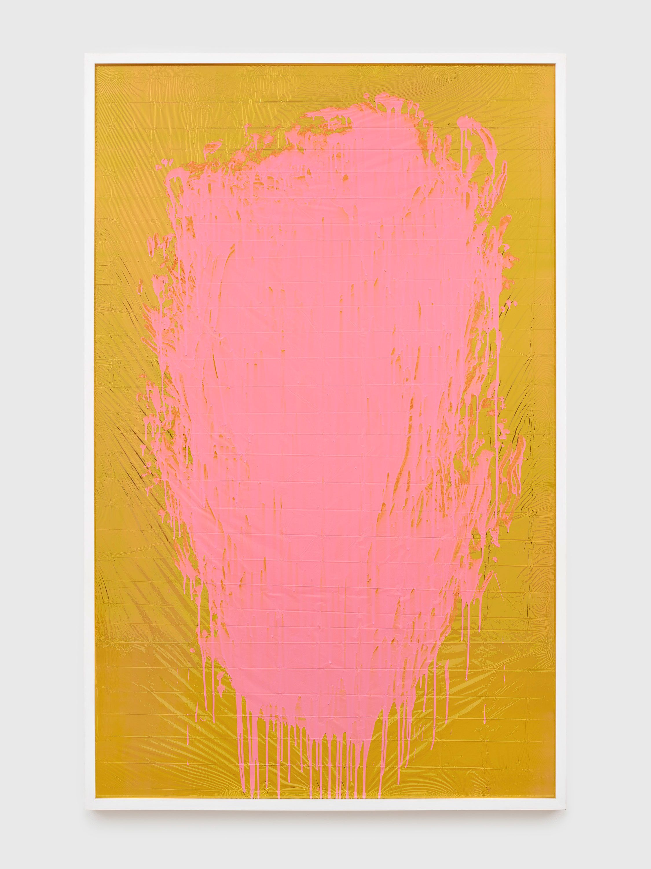 An acrylic paint on emergency blanket artwork by Pamela Rosenkranz, titled Express Nothing (My Body), dated 2021.