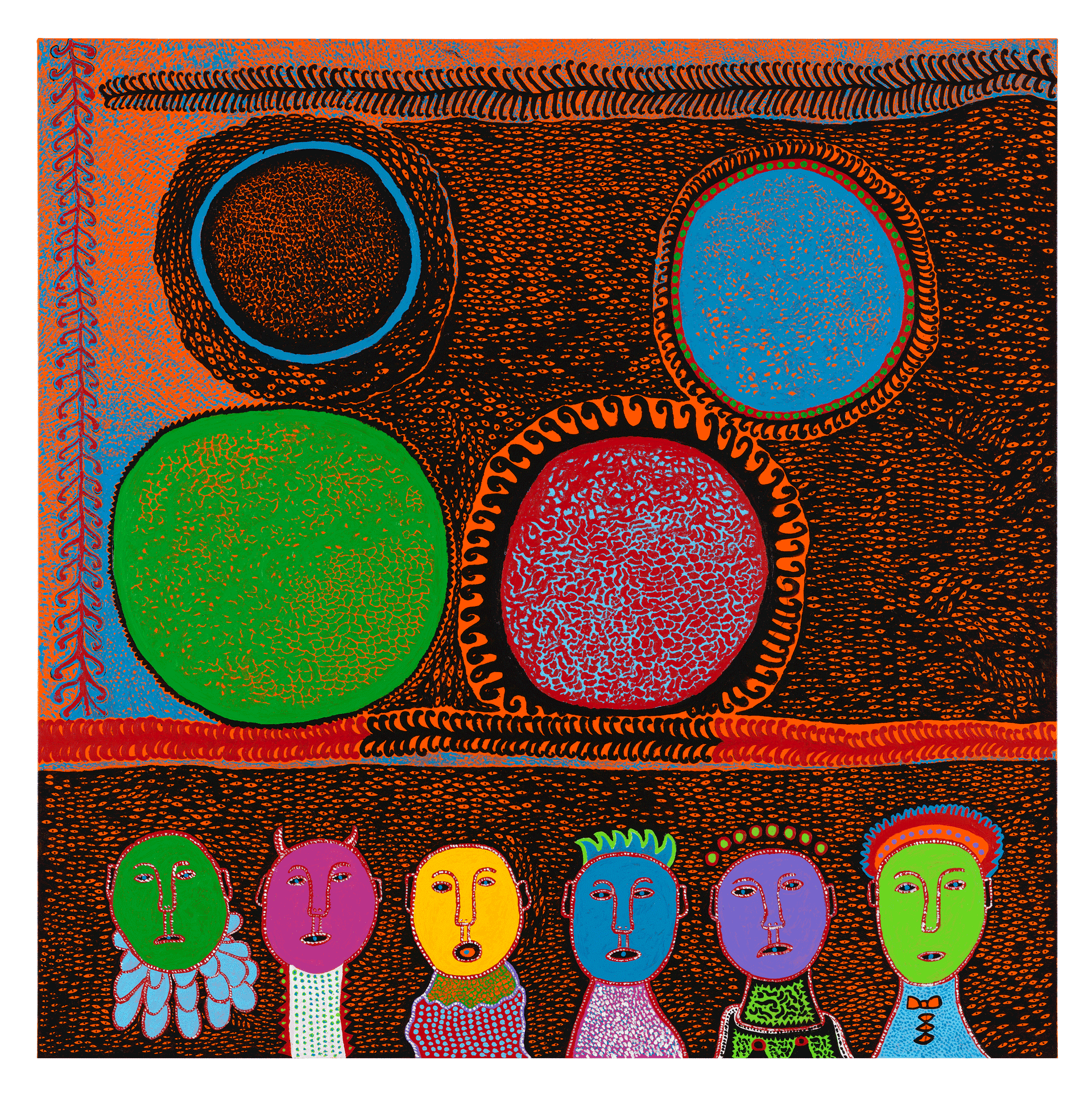 A painting by Yayoi Kusama, titled Festival of Life, dated 2017.
