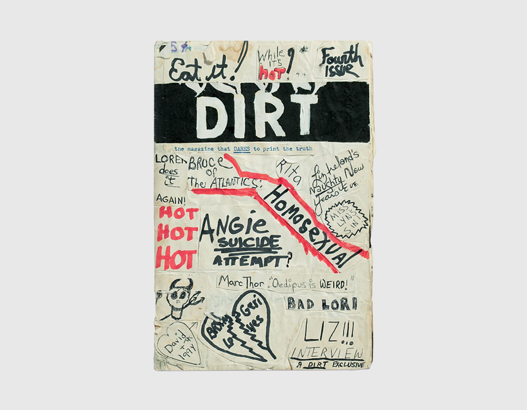 A photo of a page from a homemade magazine titled Dirt, made by Mark Morrisroe.