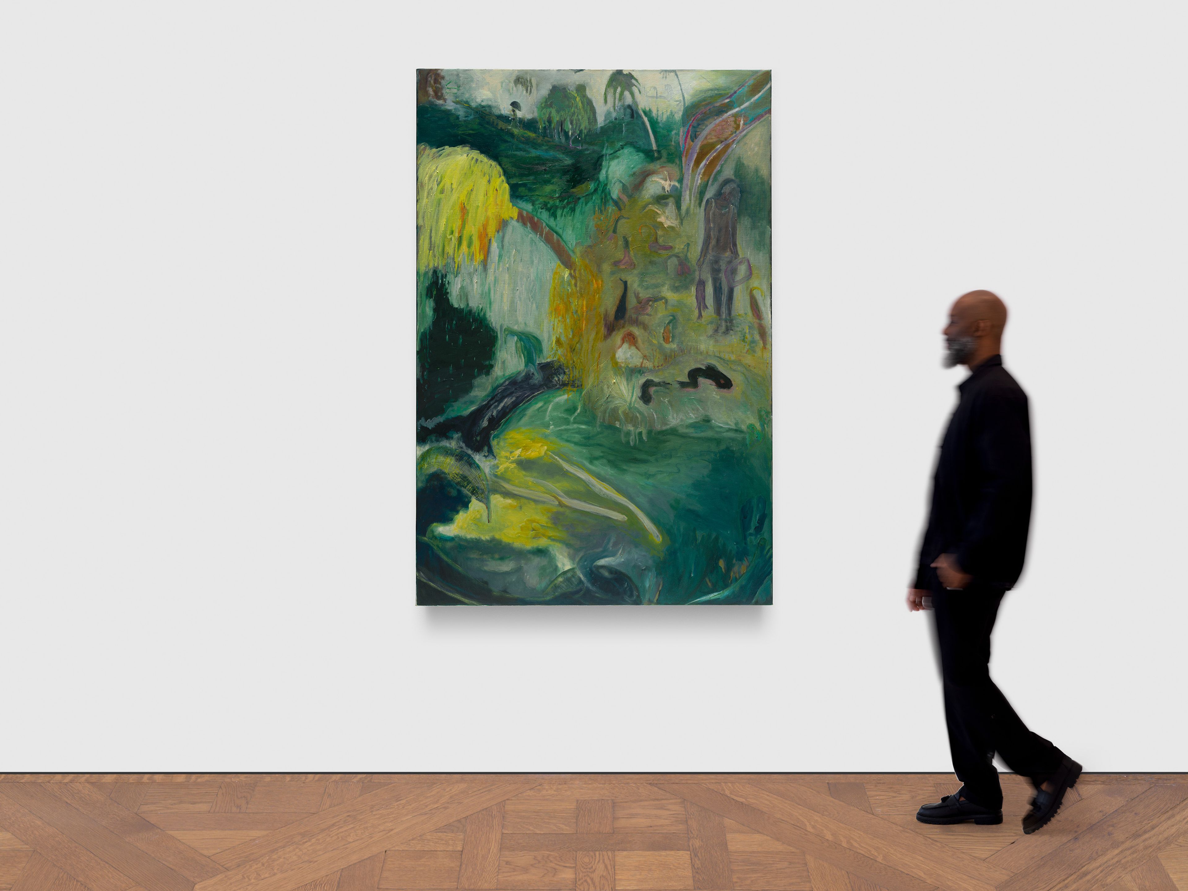 A painting by Sosa Joseph, titled My brother used to fish for murrels in rain, dated 2025.