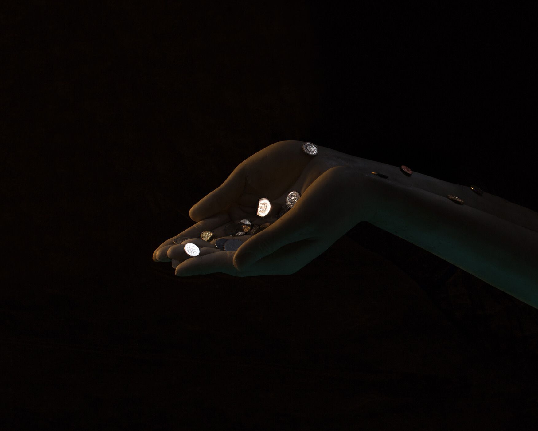 An inkjet print by Chen Wei titled Coins (A Pair of Nameless Hands), dated 2017