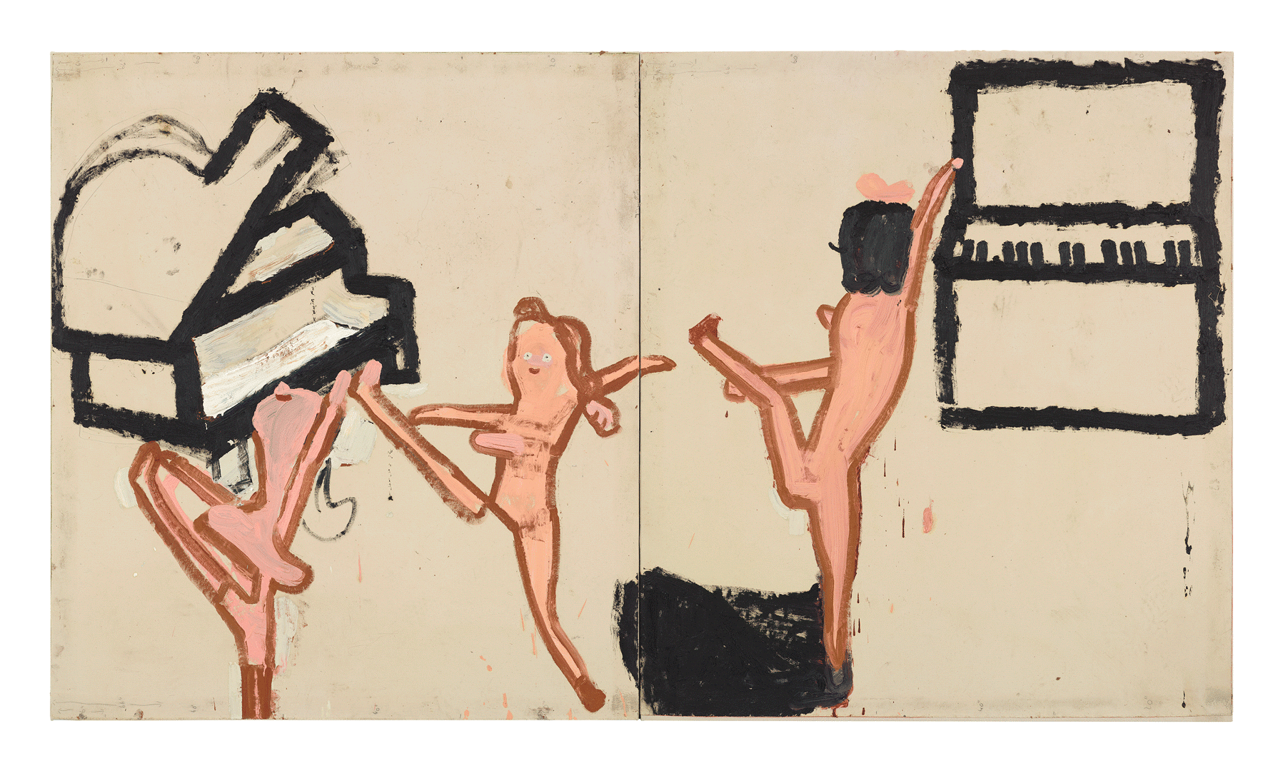 A painting by Rose Wylie, titled Highschool Cheerleaders, dated 2020.