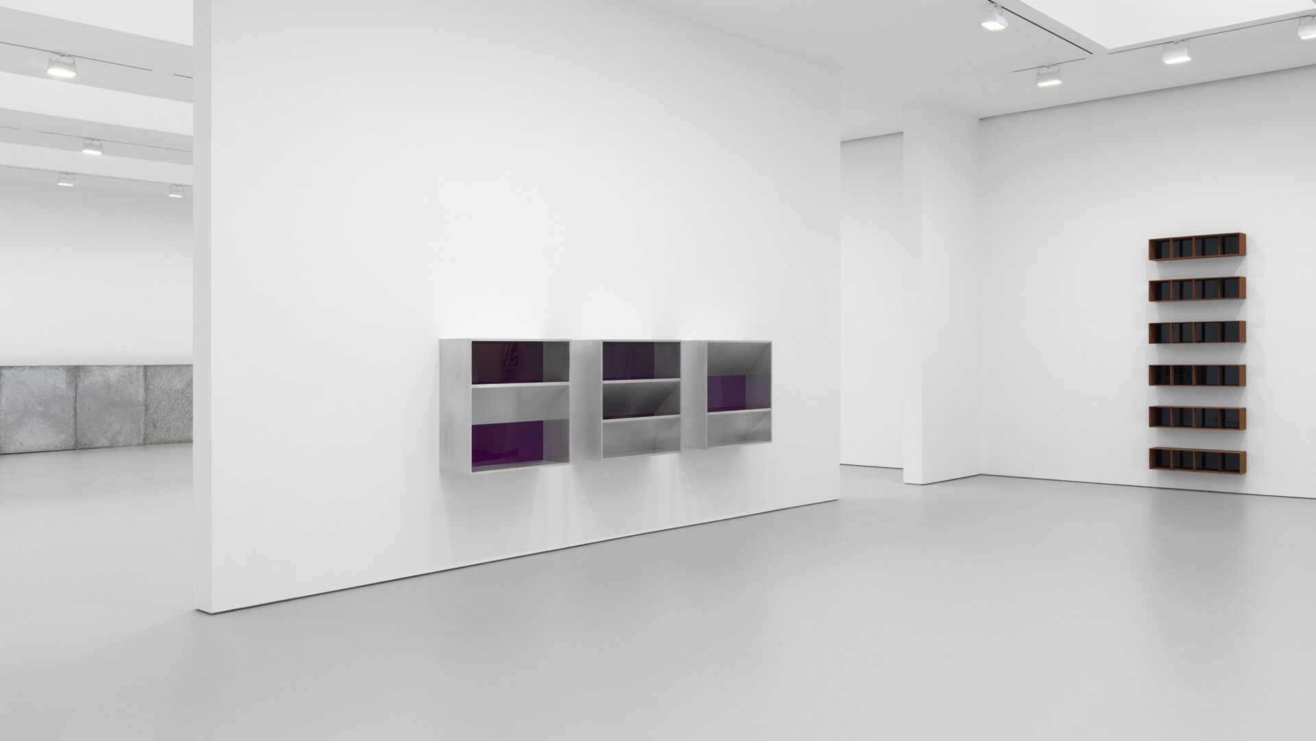 An installation view of the exhibition Donald Judd Artworks: 1970-1994, at David Zwirner, New York, dated 2020.