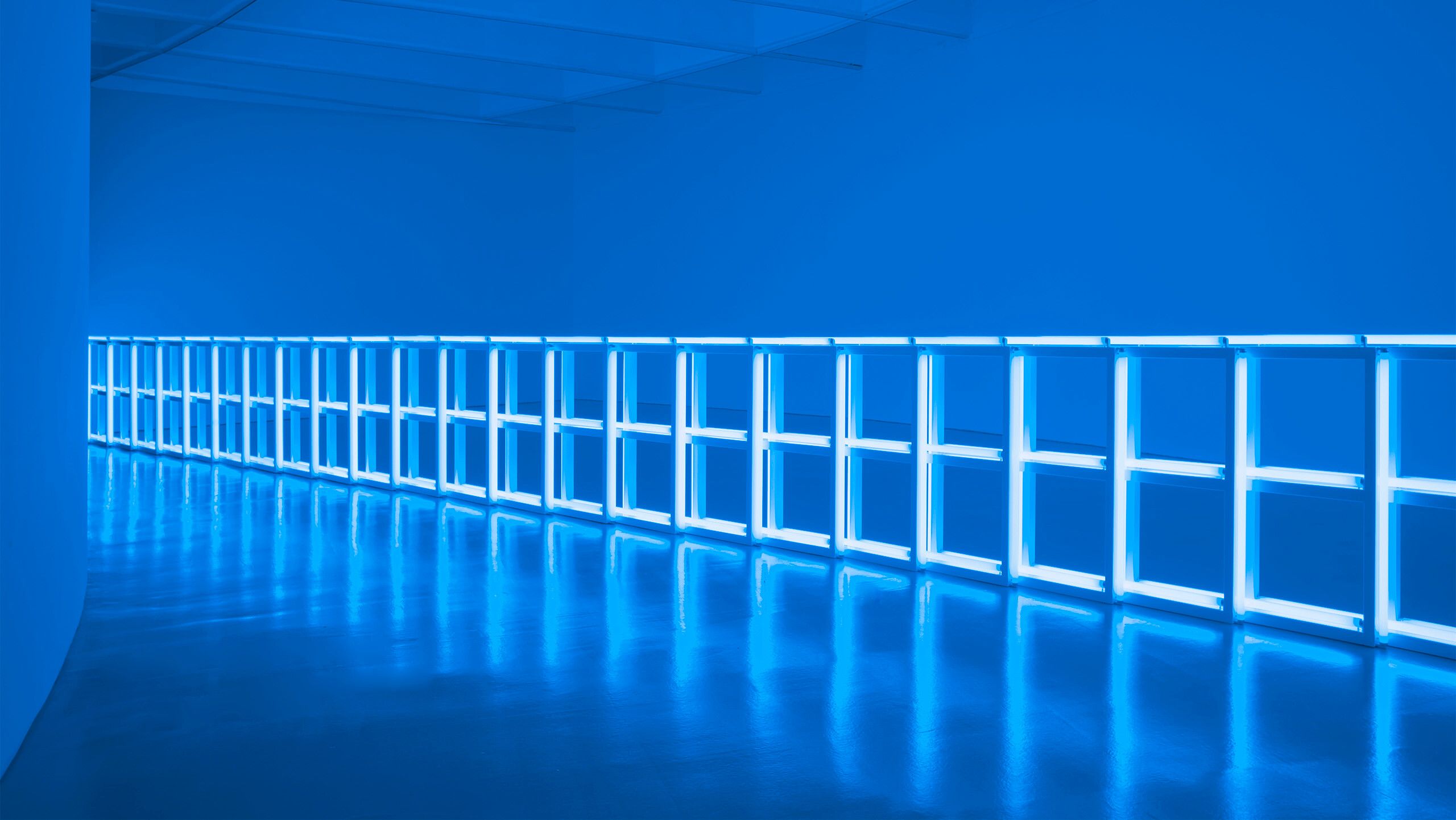 An Installation view, of a work by Dan Flavin, called untitled (to Helga and Carlo, with respect and affection), 1974, at the Hirshhorn Museum and Sculpture Garden, Washington, DC, in 2012.
