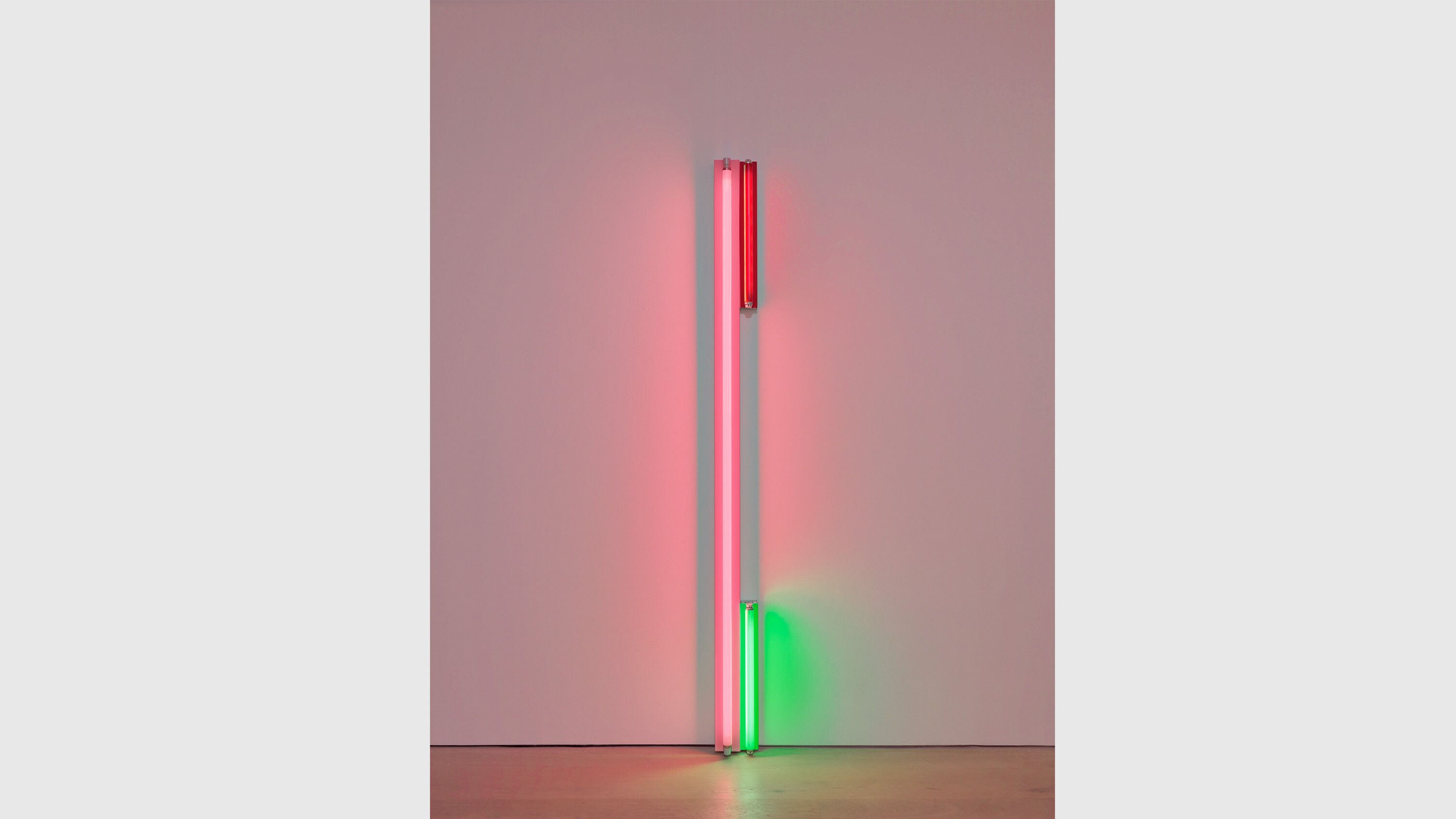 An untitled work with pink, red, and green fluorescent light (fondly, to "Phip") by Dan Flavin, dated 1976