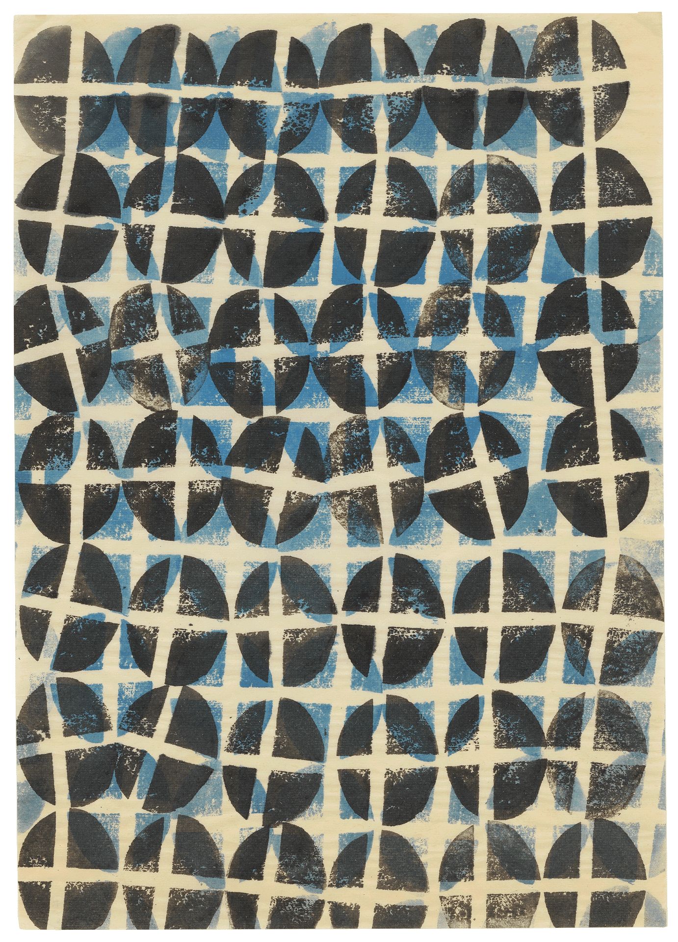 A work on paper by Ruth Asawa, titled Untitled (SF.047a, Potato Print [Blue and Black Cross]), dated 1951 to 1952.