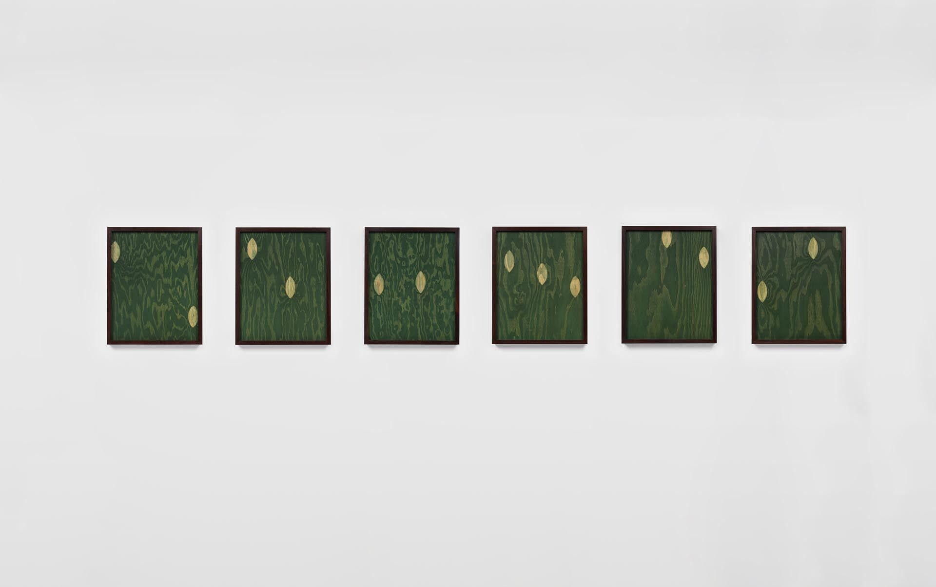 A painting from a series by Sherrie Levine, titled Dark Green Moonlight After Man Ray: 1-6, dated 2016.