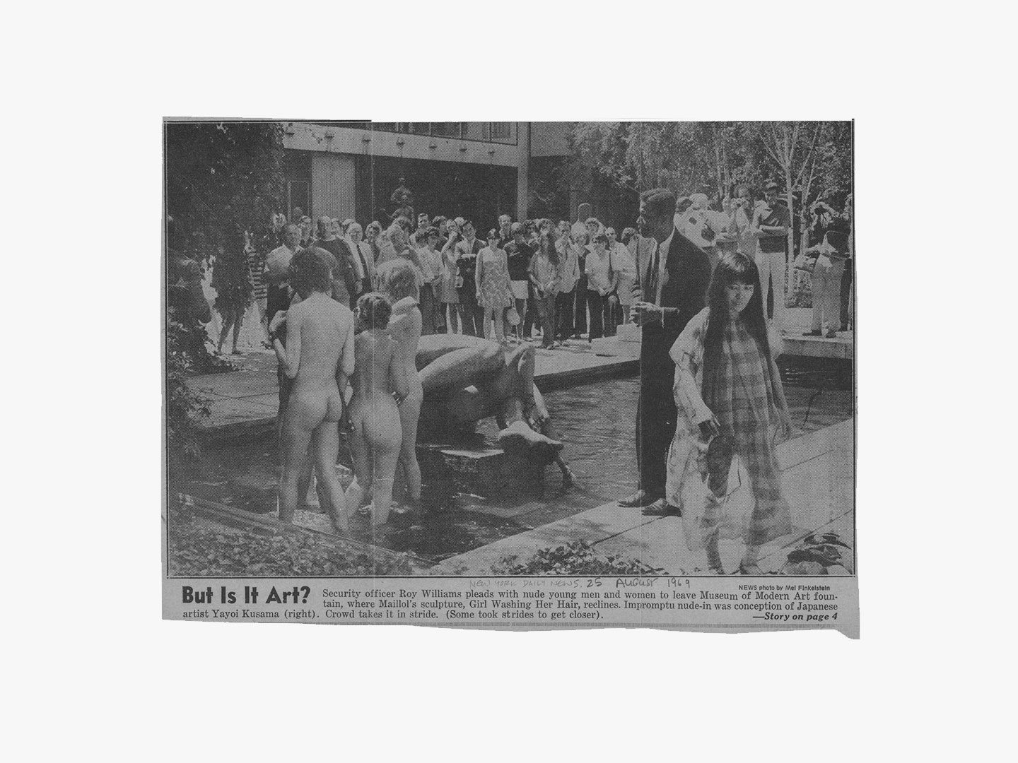 Archival documentation from a performance by Yayoi Kusama in the MoMA Sculpture Garden, dated 1965