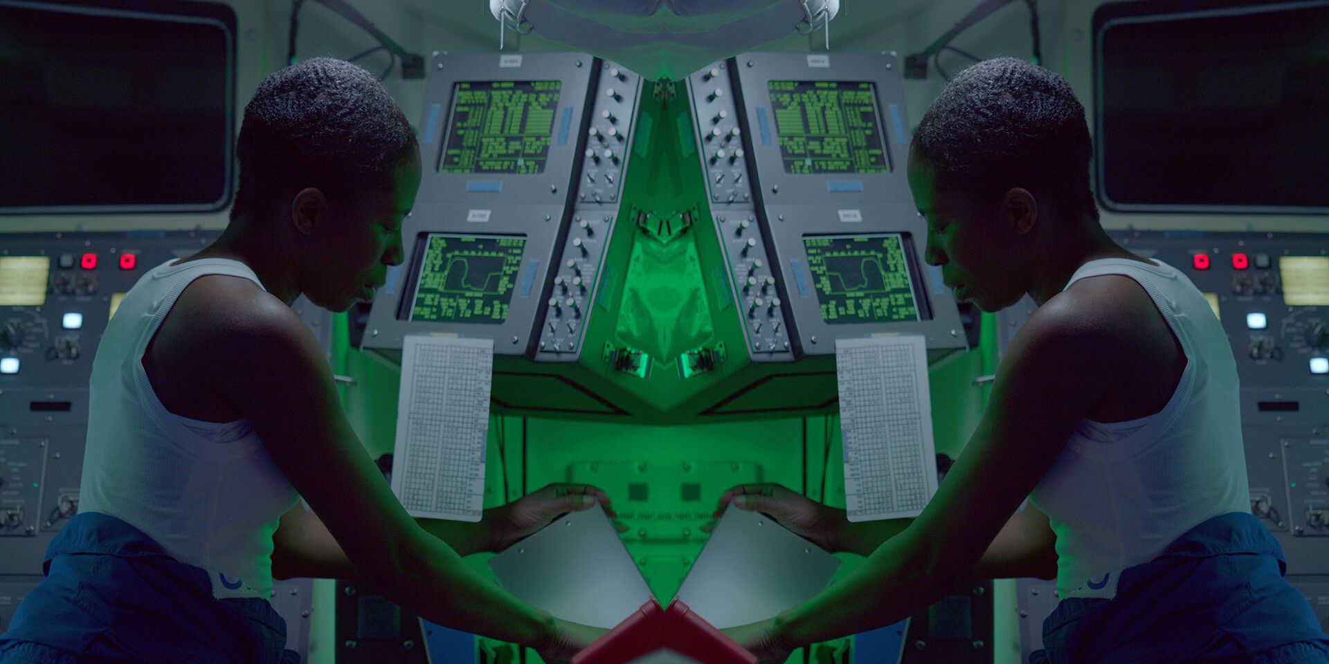 A still from a video work by Stan Douglas, titled Doppelgänger, dated 2019.
