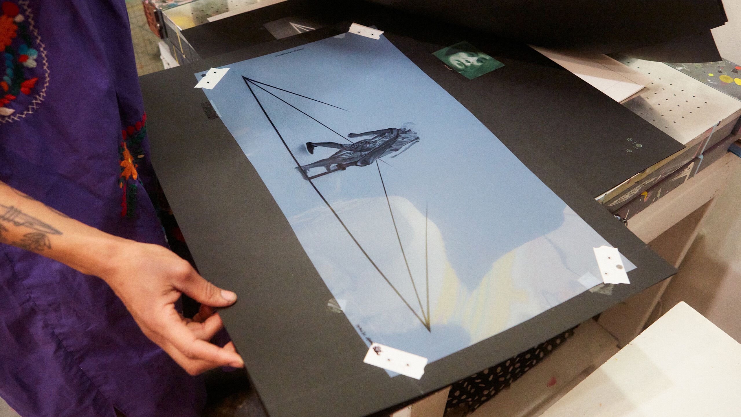 A photograph of a film used to make the screen for artist Kandis Williams’s screenprint by Rafael Rios, dated 2022.