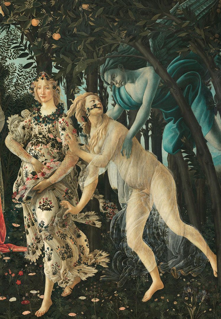 A detail from a painting by Jeff Koons, titled Gazing Ball (Botticelli Primavera), dated 2017-2020