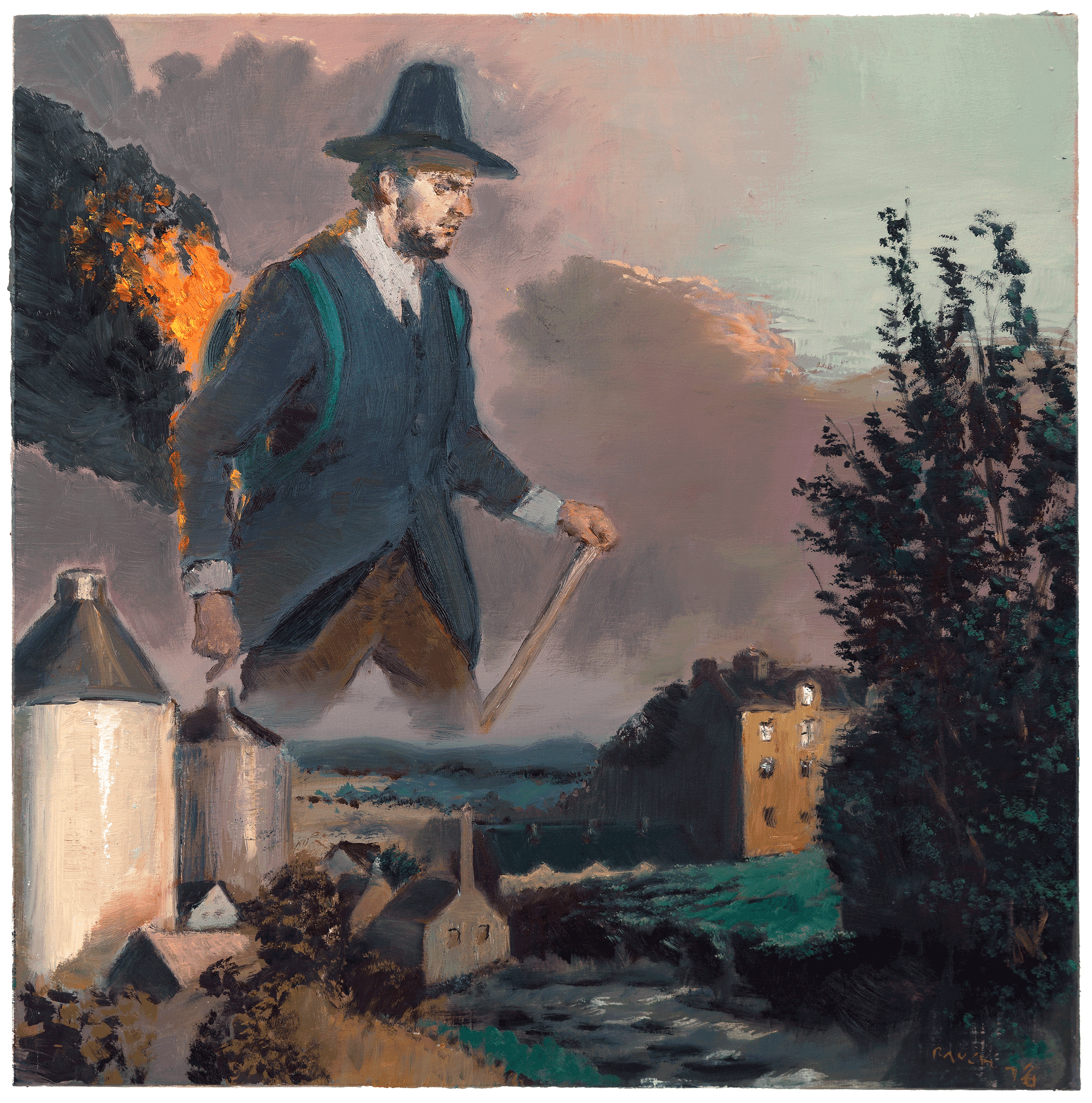 A painting by Neo Rauch, titled Der Brandmeister, dated 2016.