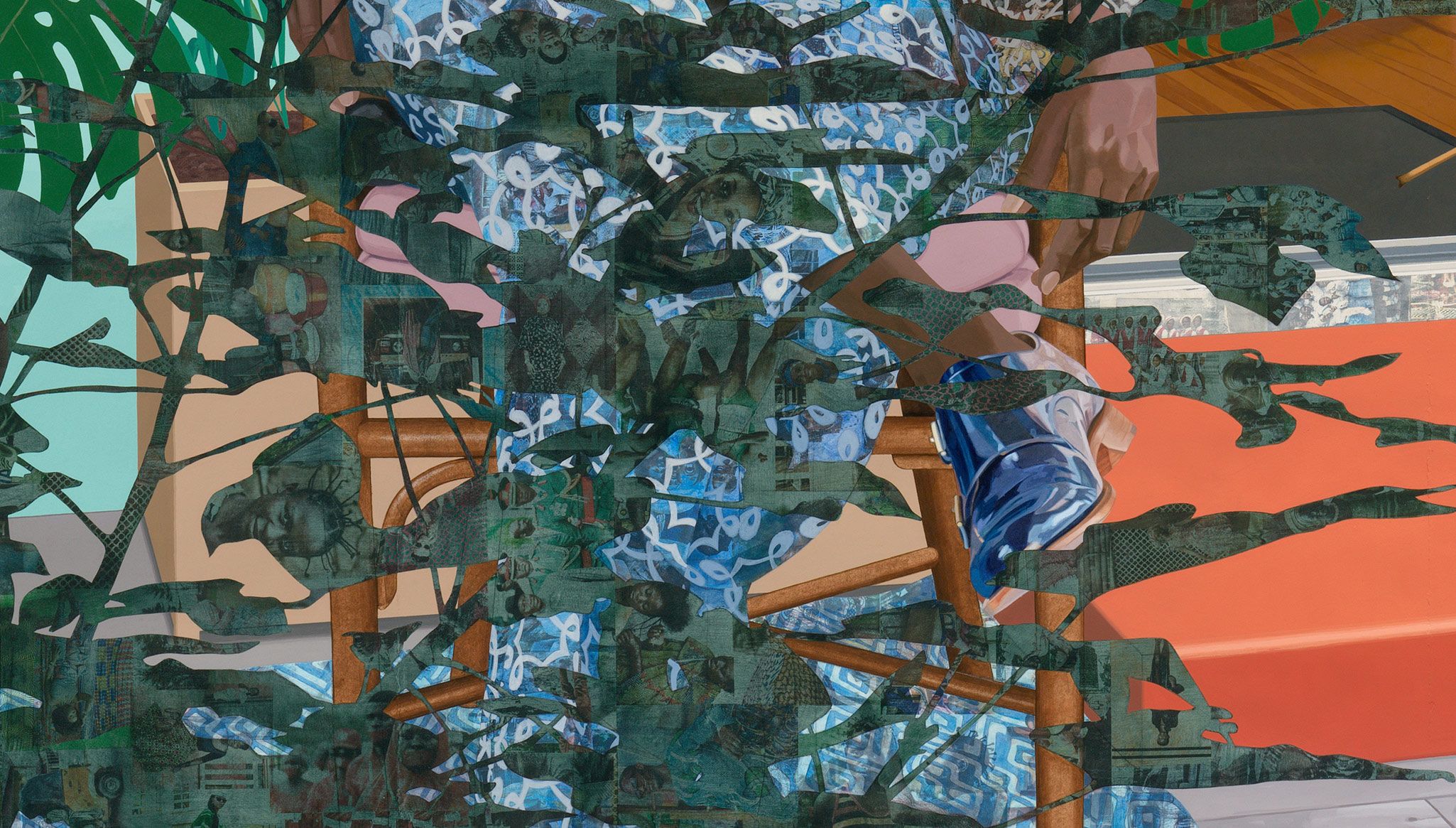 A detail of an artwork b y Njideka Akunyili Crosby, titled Still You Bloom in This Land of No Gardens, dated 2021