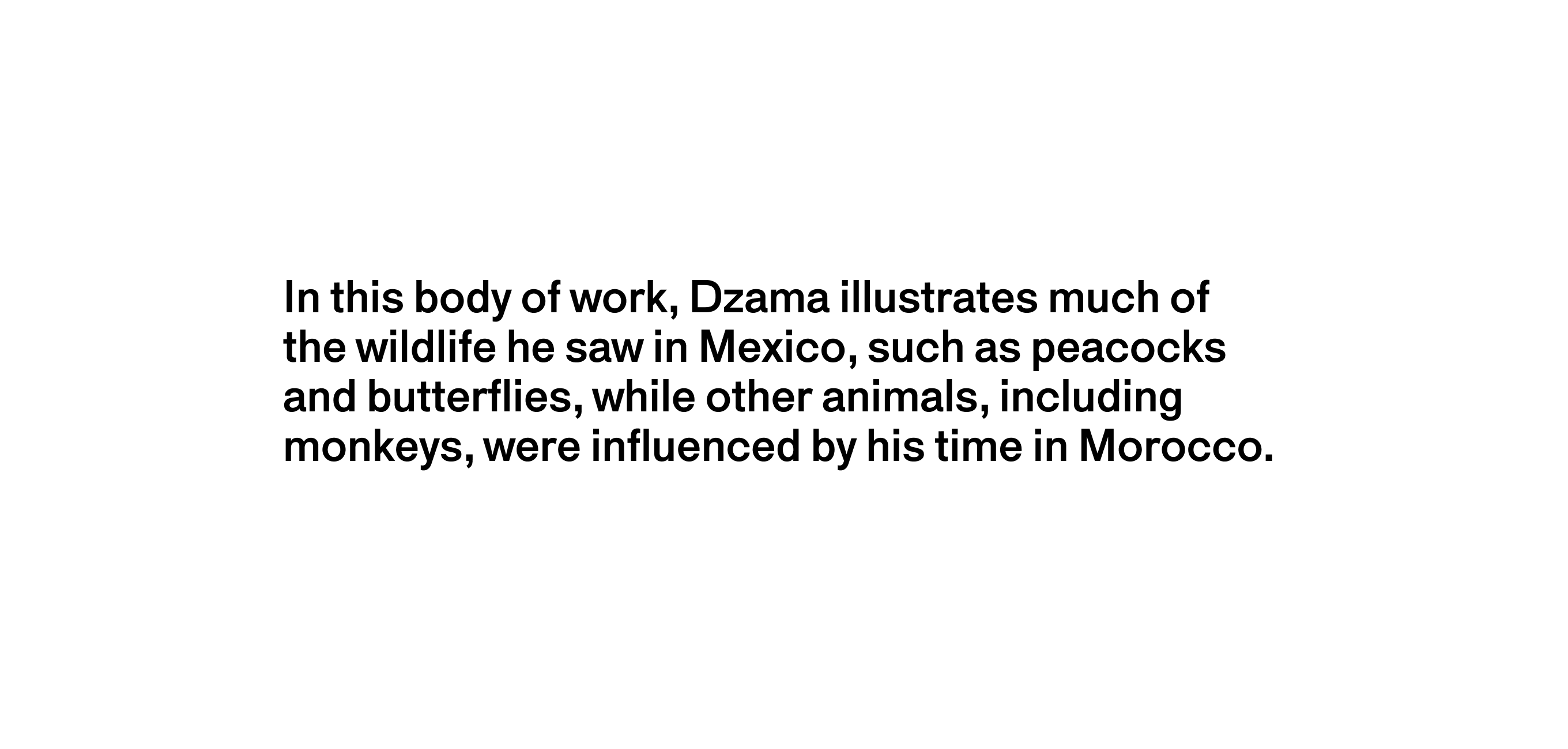 A text description that reads In this body of work, Dzama illustrates much of the wildlife he saw in Mexico, such as peacocks and butterflies, while other animals, including monkeys, were influenced by his time in Morocco.