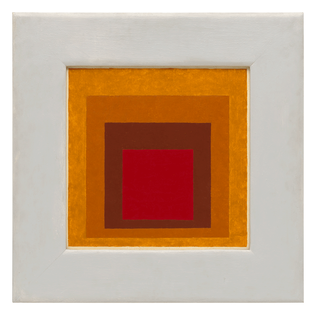 An oil painting on Masonite by Josef Albers, titled Study to "Affectionate" (Homage to the Square), dated 1954.
