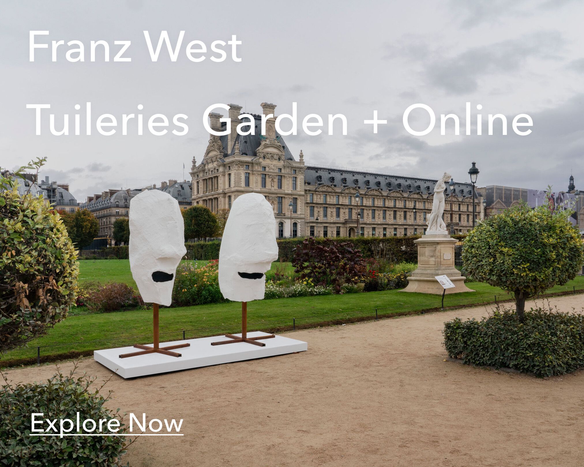 Detail of a Franz West work with text overlay that reads "Franz West Tuileries Garden + Online Explore Now"