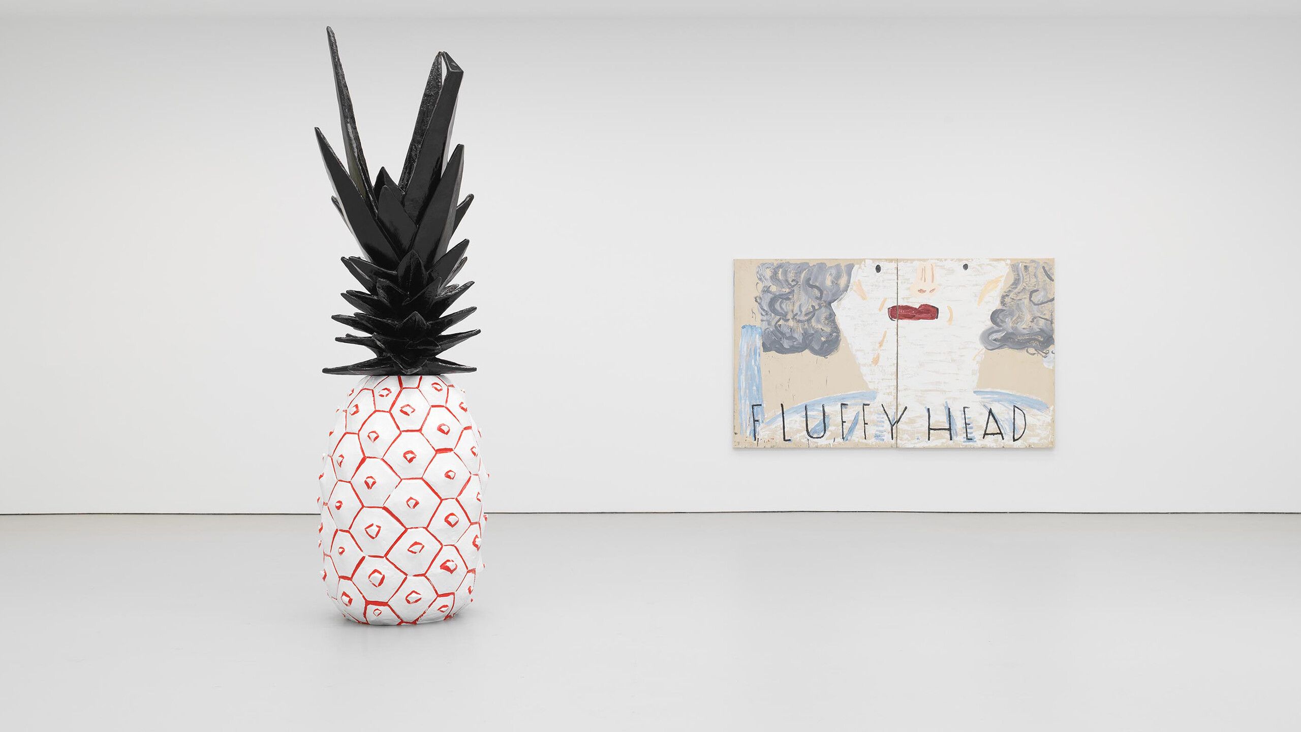 An installation view of an exhibition title Rose Wylie: Which One at David Zwirner, New York, in 2021.