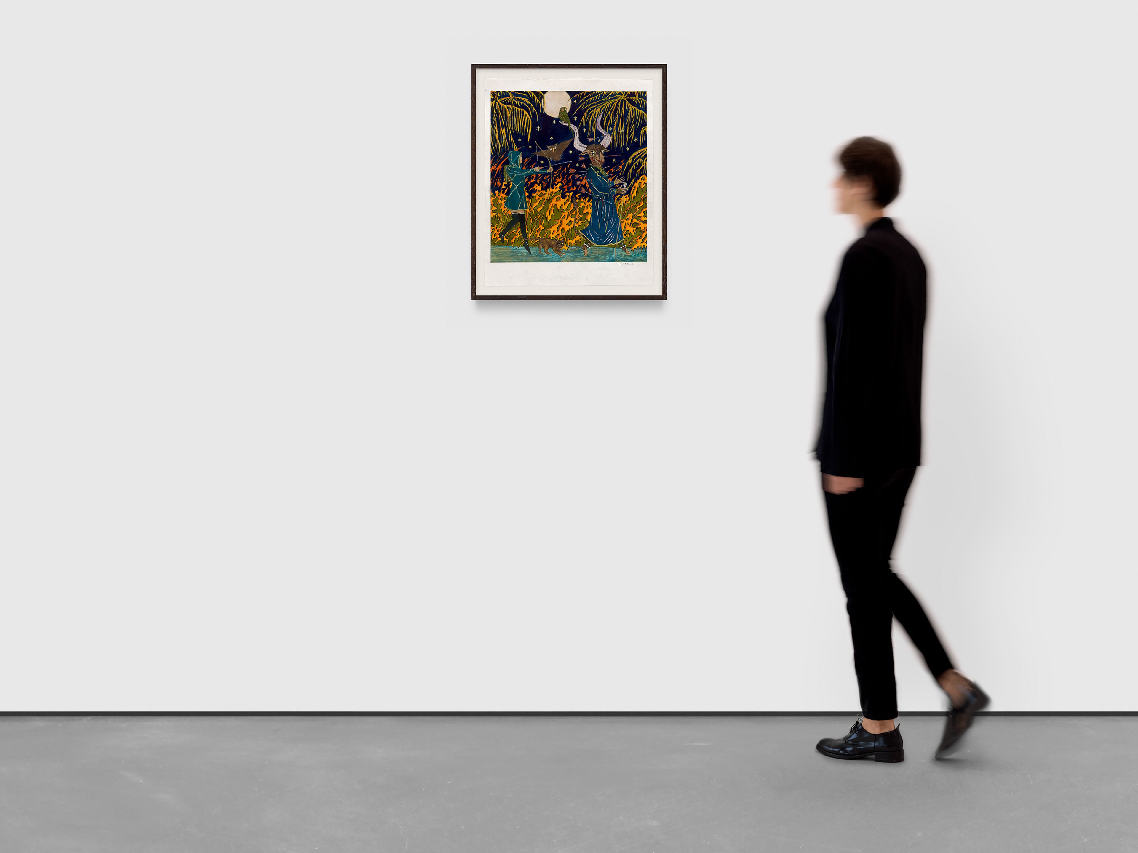 A work on paper by Marcel Dzama, titled Throwing stones at the darkness, dated 2024 to 2025.